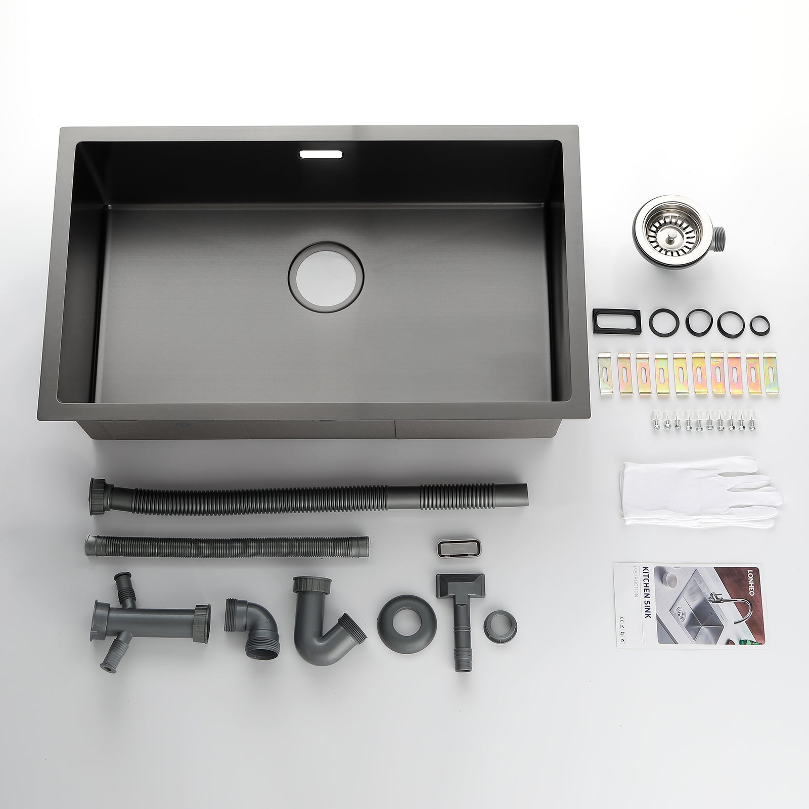 Lonheo Max Lavello Cucina 1 Vassoio 74*44*20CM, in Acciaio Inox Spazzolato con Sifone e Troppo pienon, Nero,Modello UE - 7