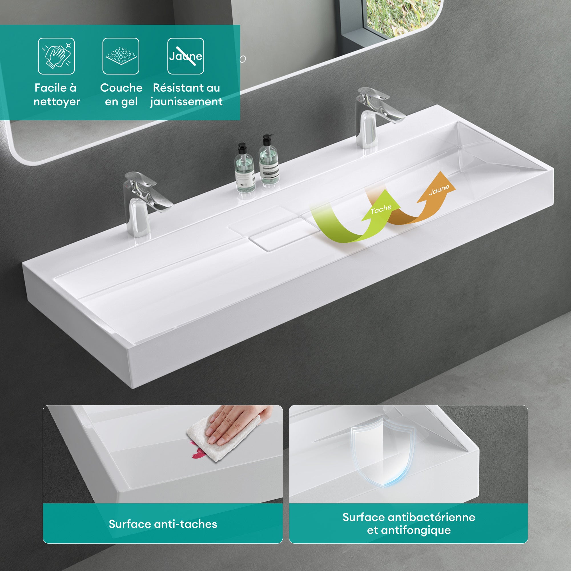 Mai & Mai Lavabo Suspendu Blanc 120x46x11cm Vasque à Poser Rectangulaire avec Perçage pour Robinet avec Bonde et Cache Bonde Col19 - 5