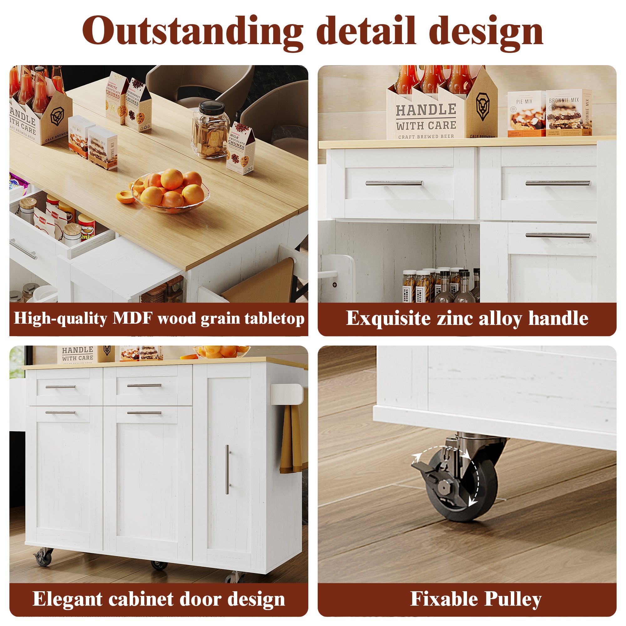 Ilot central de cuisine mobile avec 2 portes, 3 tiroirs et porte-serviettes - Plateau extensible - 134.5 x 46/74 x 90.5 cm - MDF - Blanc - 6
