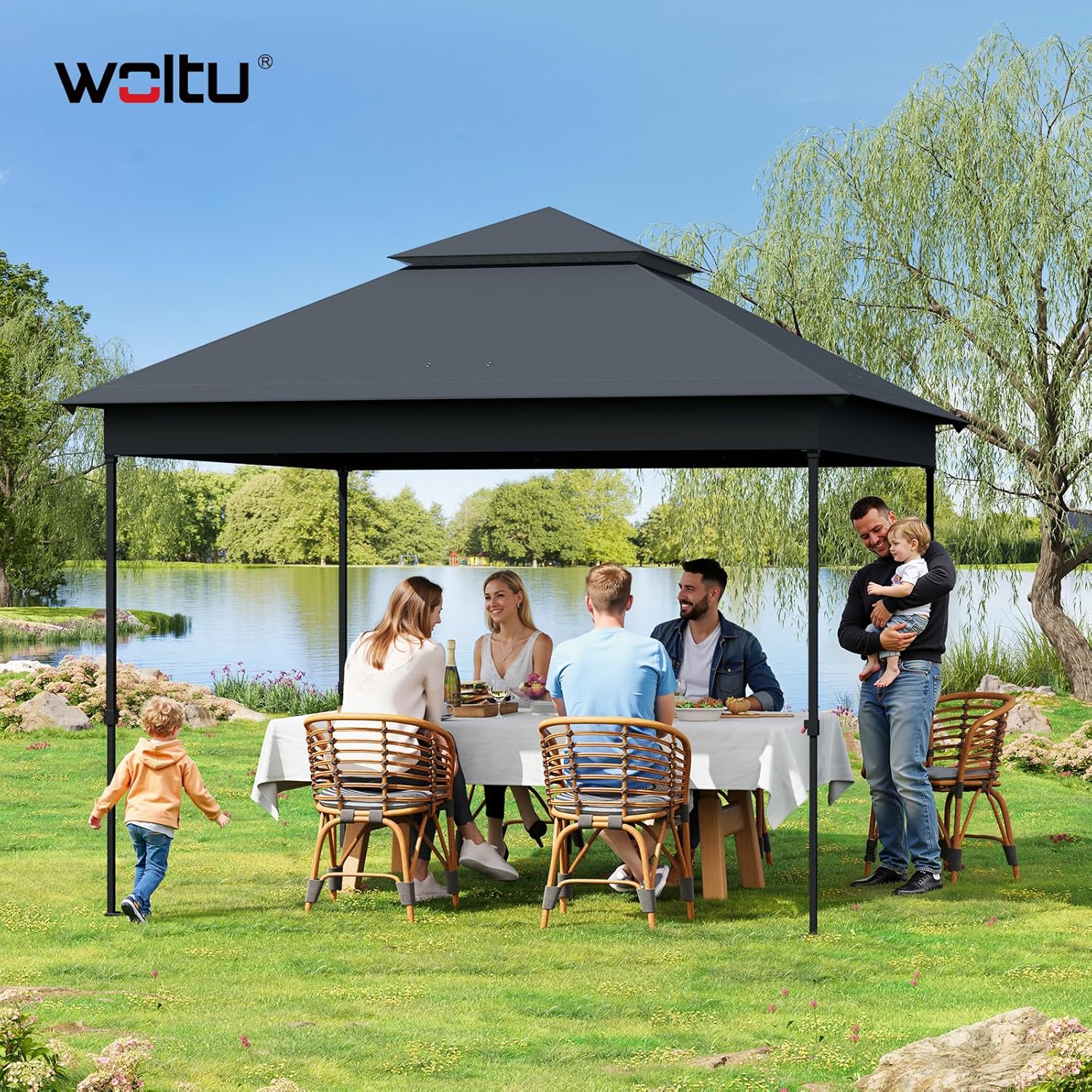 Tonnelle de Jardin Extérieur WOLTU, Tonnelle Pliante 3x3m, avec Moustiquaire Amovible, Résistant aux UV, Double Toit Imperméable, Anthracite - 2