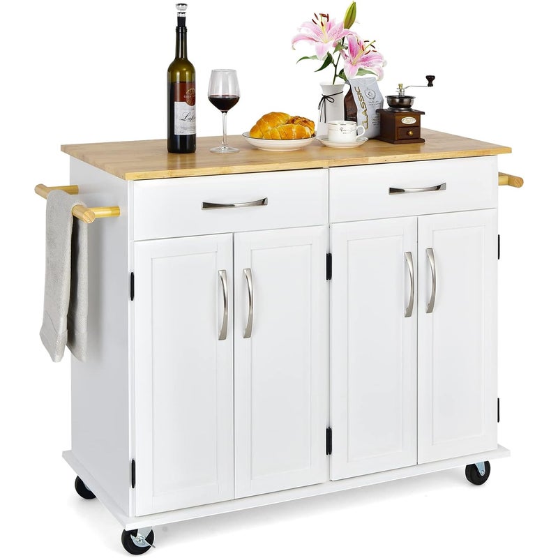 Szafka Kuchenna na Kółkach z Blokadą – 2 Szuflady, 2 Wieszaki na Ręczniki, 2 Szafki z Podwójnymi Drzwiami, Drewniany Blat, Kolor Biały