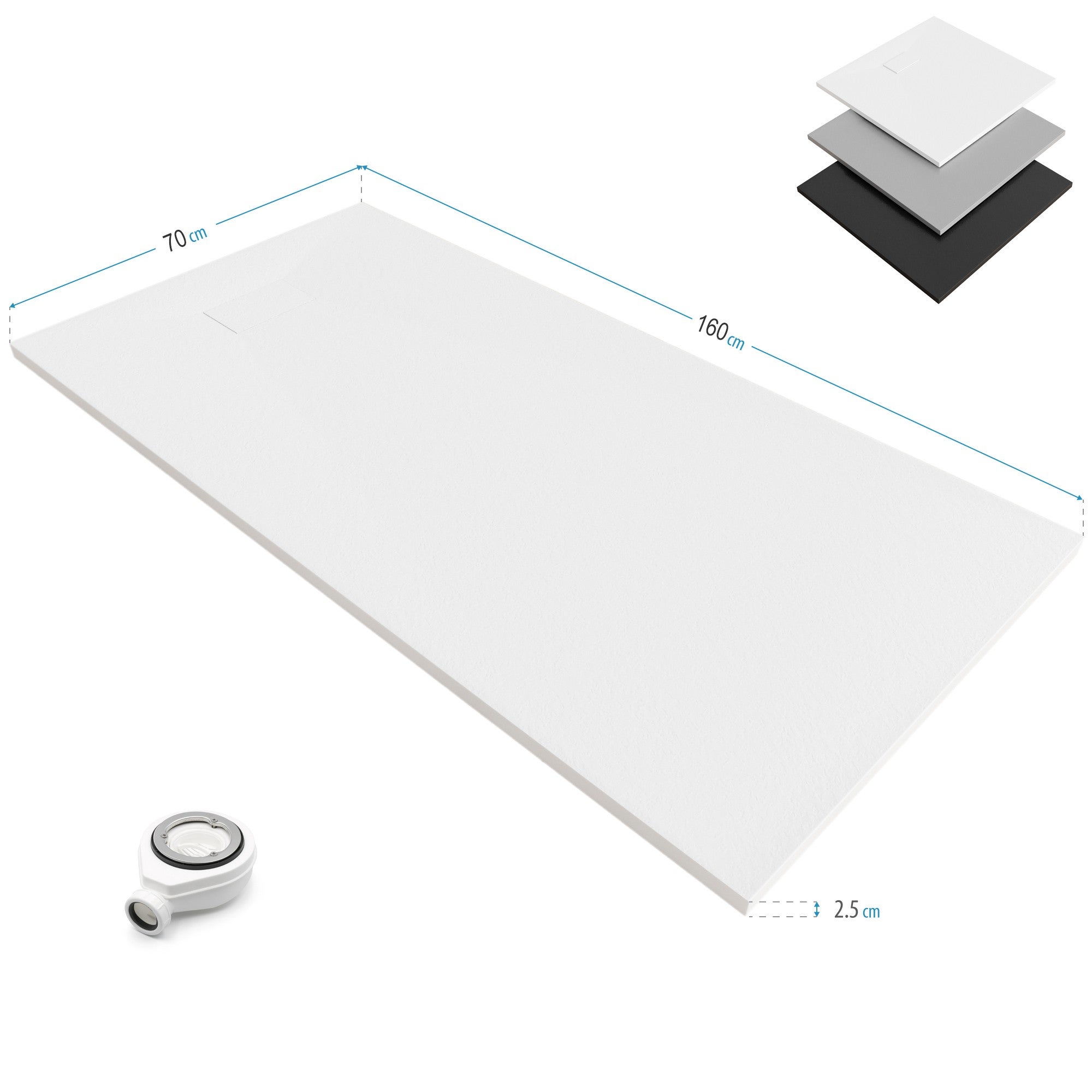 BAYA Receveur de douche 70 x 160 cm Blanc extra-plat aspect pierre + bonde incluse - 5