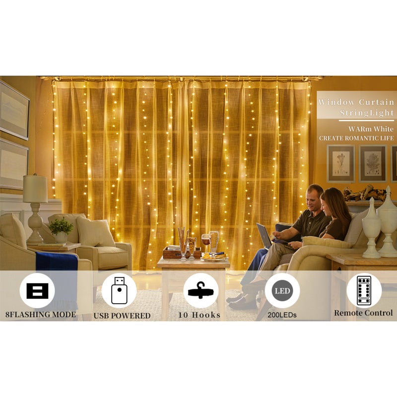 Rideau lumineux 3x2 m, 200 LED USB, télécommande incluse, lumières scintillantes suspendues, intérieur extérieur, décoration mariage, blanc chaud - 3