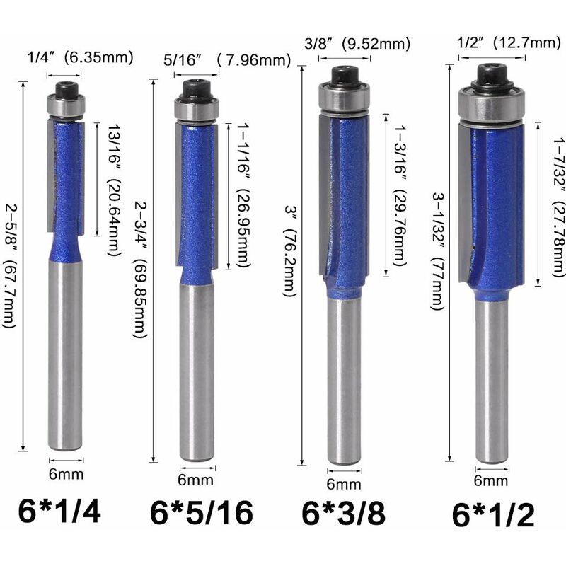 4 Pièces 6 mm Tige Fraises à affleurer, Fraise à Copier Avec Roulement ...