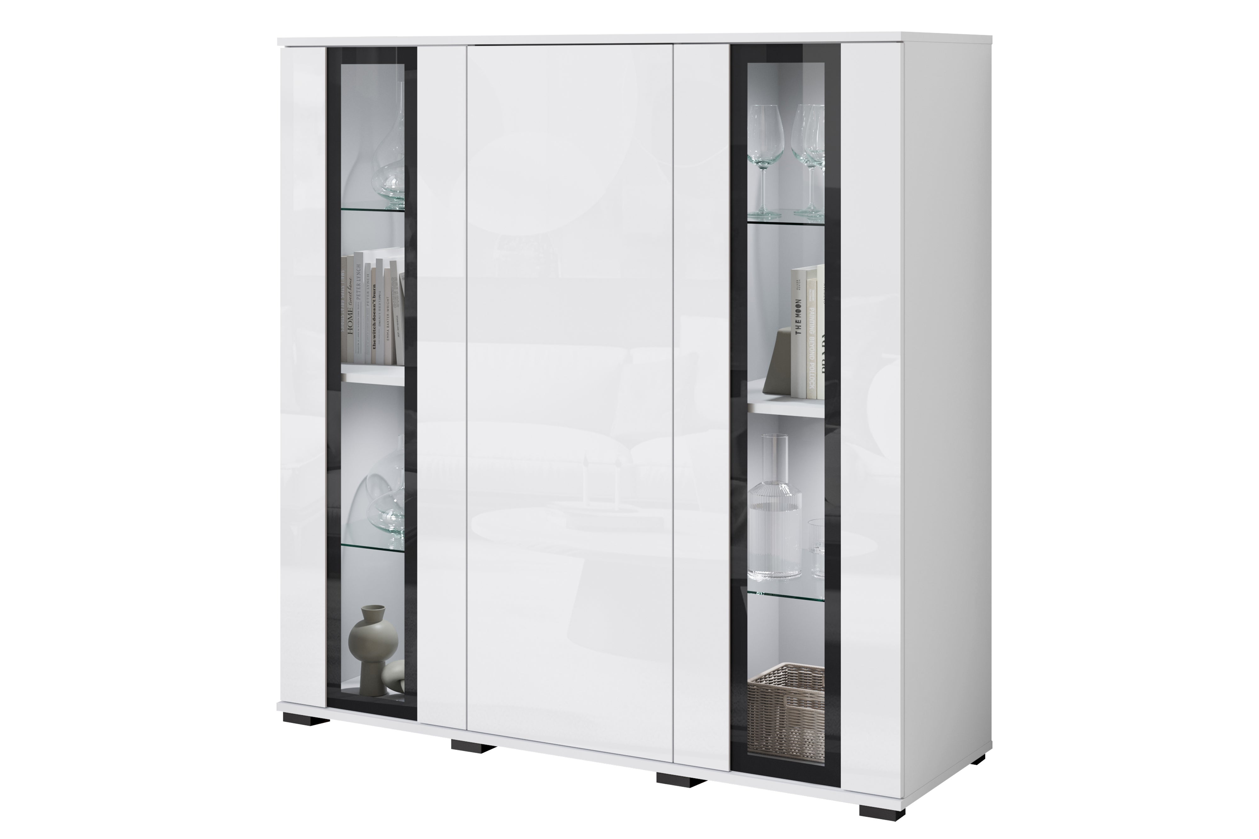 MINIO go for it, Witryna FARO 120 cm biały/ biały połysk z oświetleniem LED