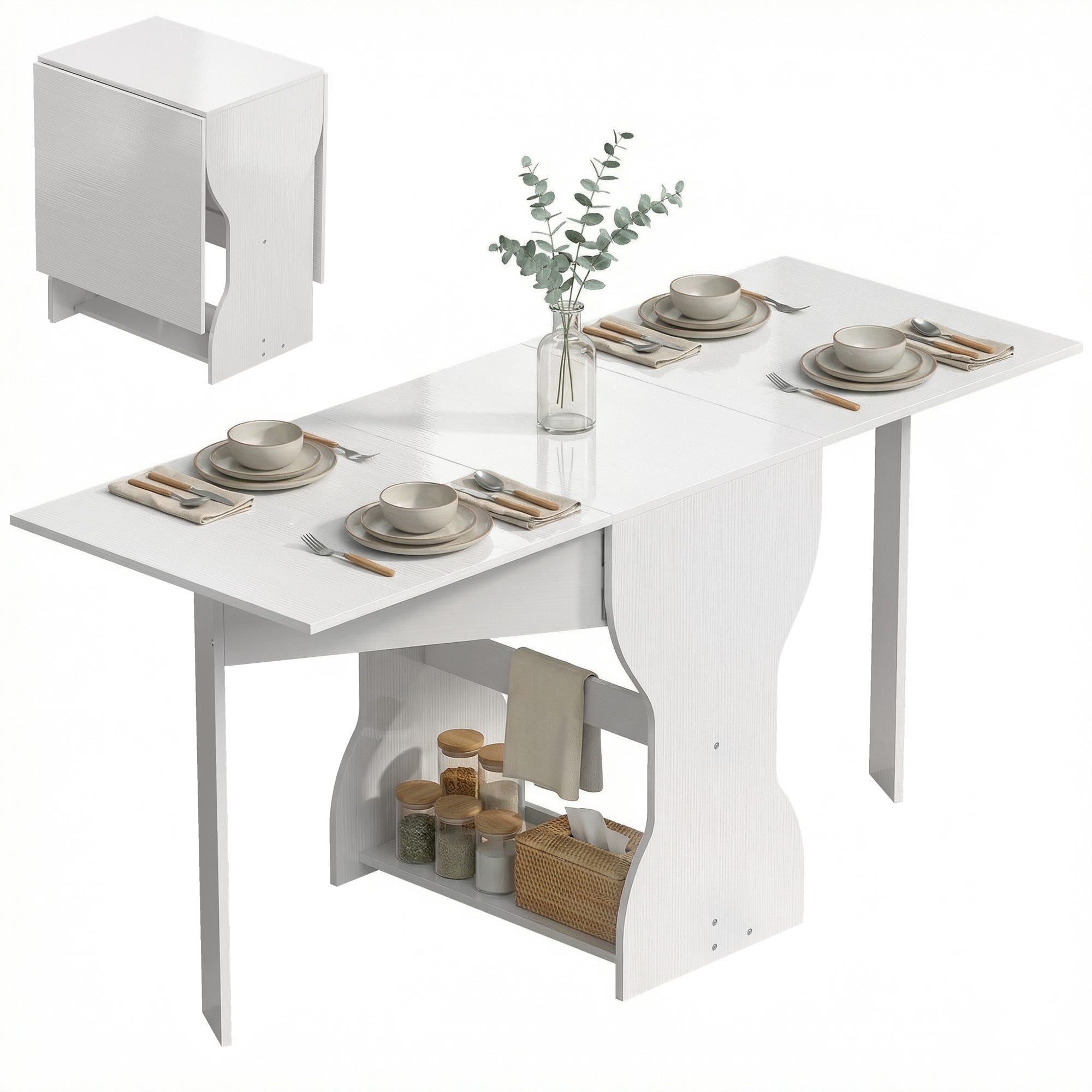 Esstisch Klappbar Küchentisch mit Stauraum für 2-4 Personen Klapptisch für Kleine Räume Esszimmer 160 x 60 x 75 cm Weiß