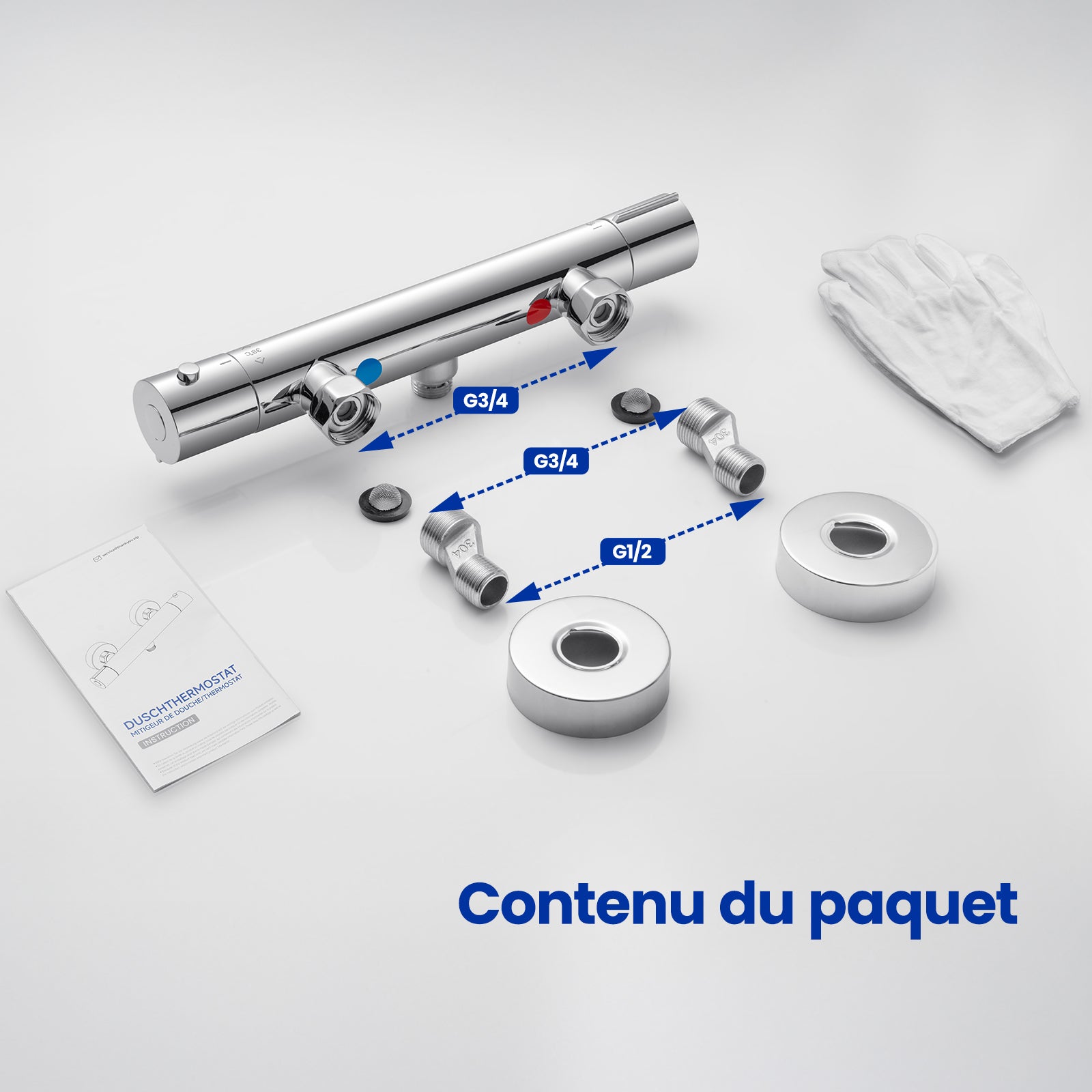 Mitigeur Thermostatique Douche Chromé,Murale Robinet Thermostatique Douche avec Bouton Sécurisé à 38°C Anti-brûlure ,Mitigeur Douche - 7