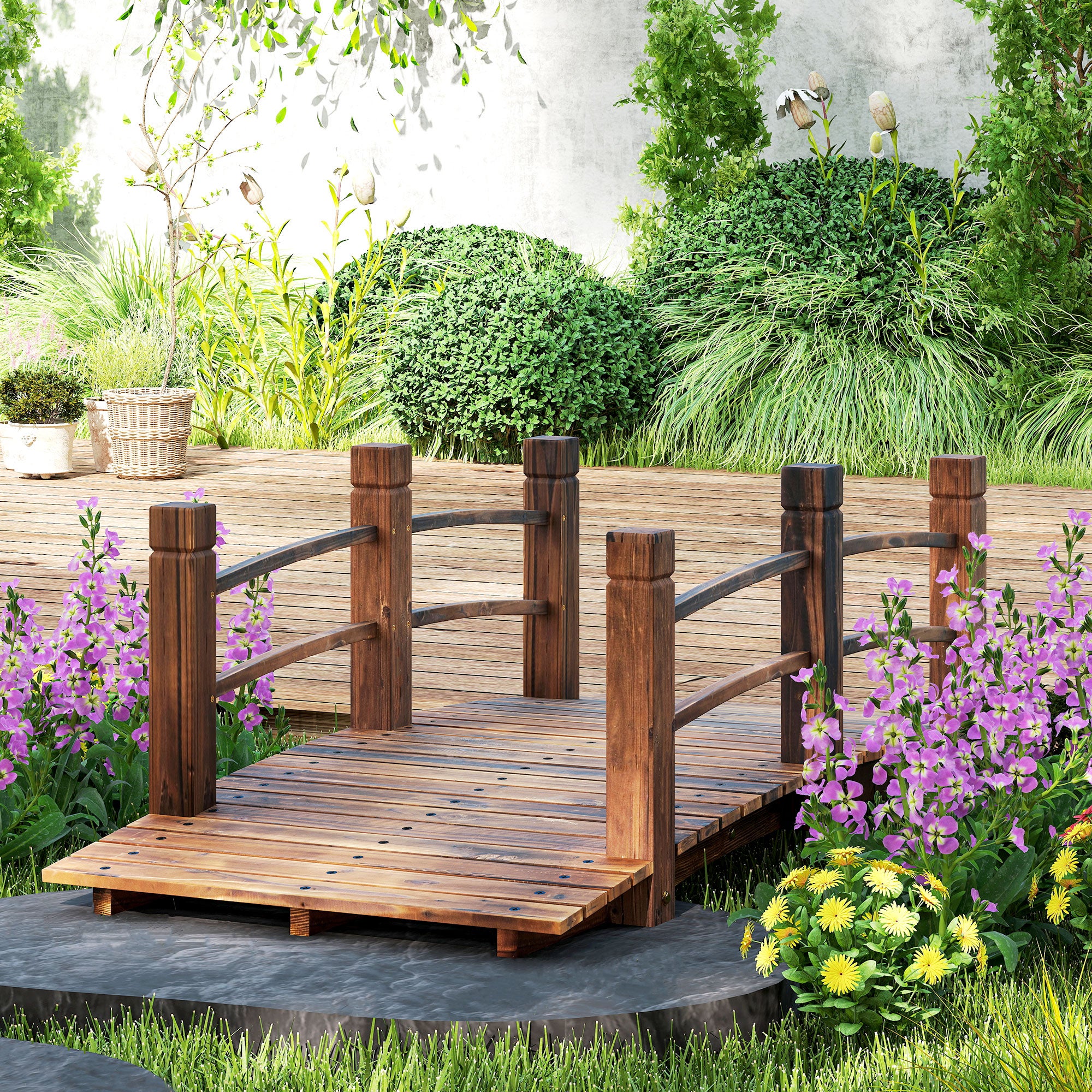 Pont de jardin passerelle bois de sapin traité carbonisation - 2