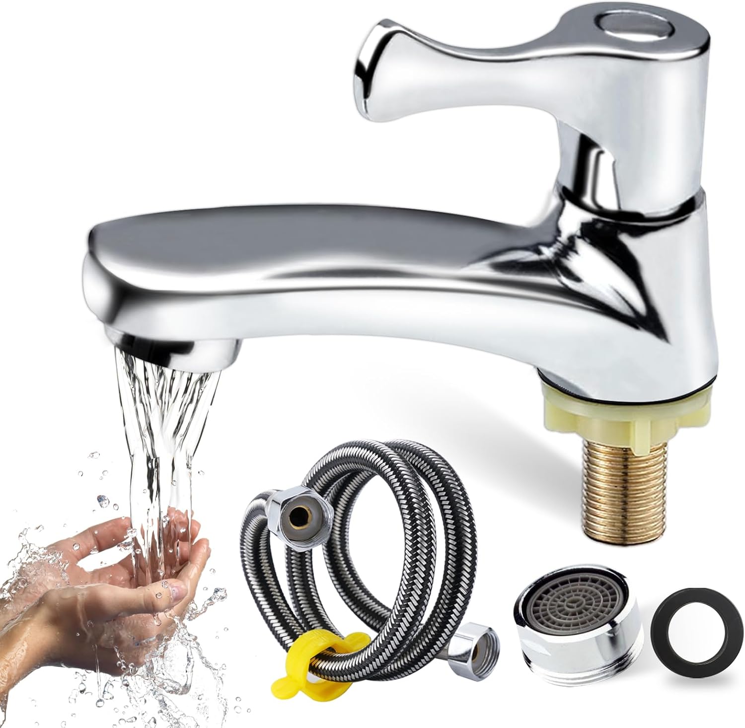 Robinet Lave-Mains Eau Froide Vmxlso - Robinet Salle De Bain Chromé Avec Tuyau - Robinet Eau Froide Uniquement Pour Toilettes