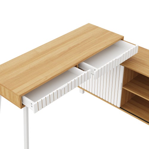 Bureau en L 140x120x76,5cm, style moderne, motif à rayures verticales, pieds en acier, deux tiroirs, grand espace de rangement - 8