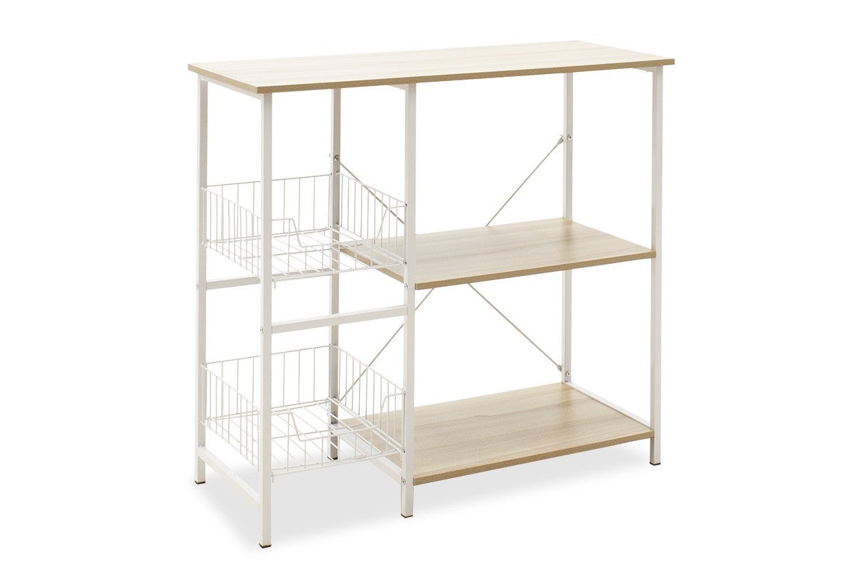 Półka kuchenna, półka do mikrofalówki z 2 koszami z białej siatki, 3 półki i haczyki o wymiarach 80x34x75cm z drewna i.