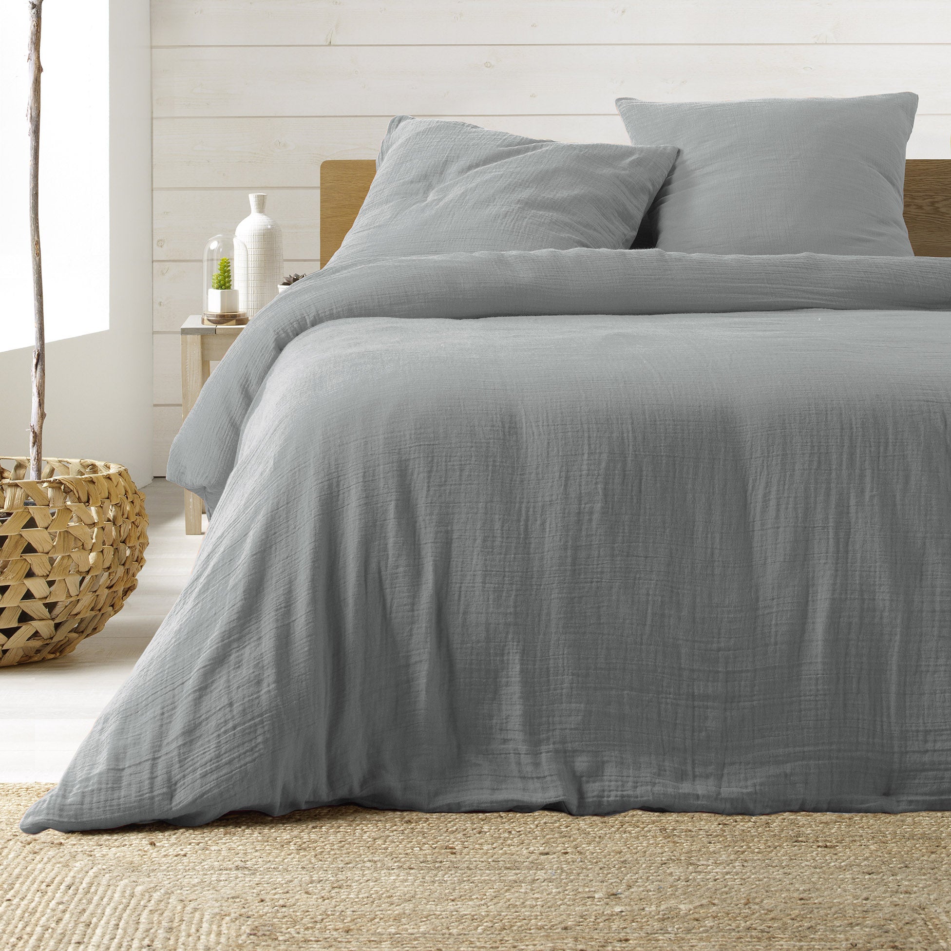 Parure de lit 260 x 240 cm Sienna Gris + 2 taies 63x63 cm – Double face gaze de coton & coton 57 fils - 2