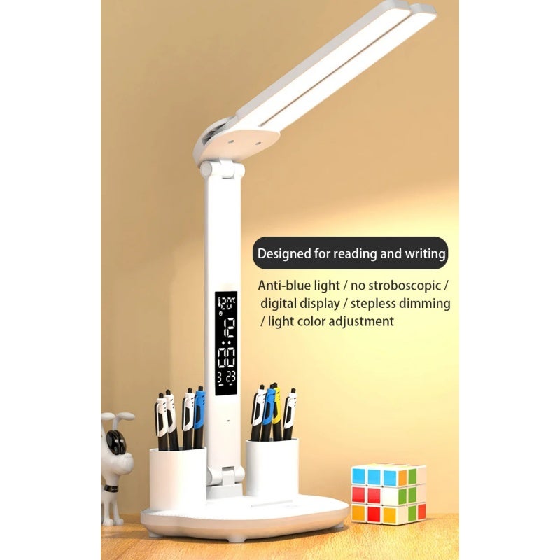 Lampe de bureau LED Lampe de Table USB Double Tête Dimmable Luminosité avec Porte Stylo, Écran Heure/Calendrier/température - 7