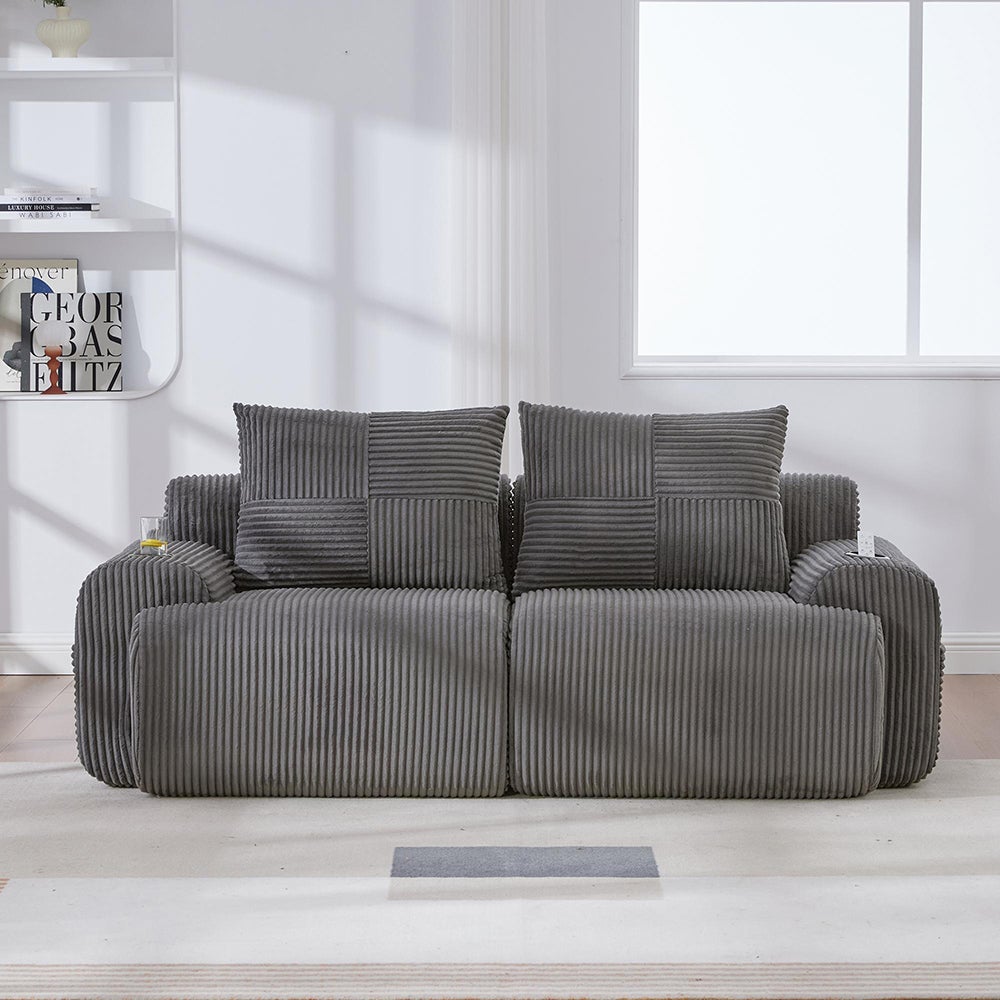Canapé 2 places 200 cm - Canapé modulable avec accoudoirs - Porte-gobelets - Sans montage - Tissu velours côtelé - Gris foncé - 2