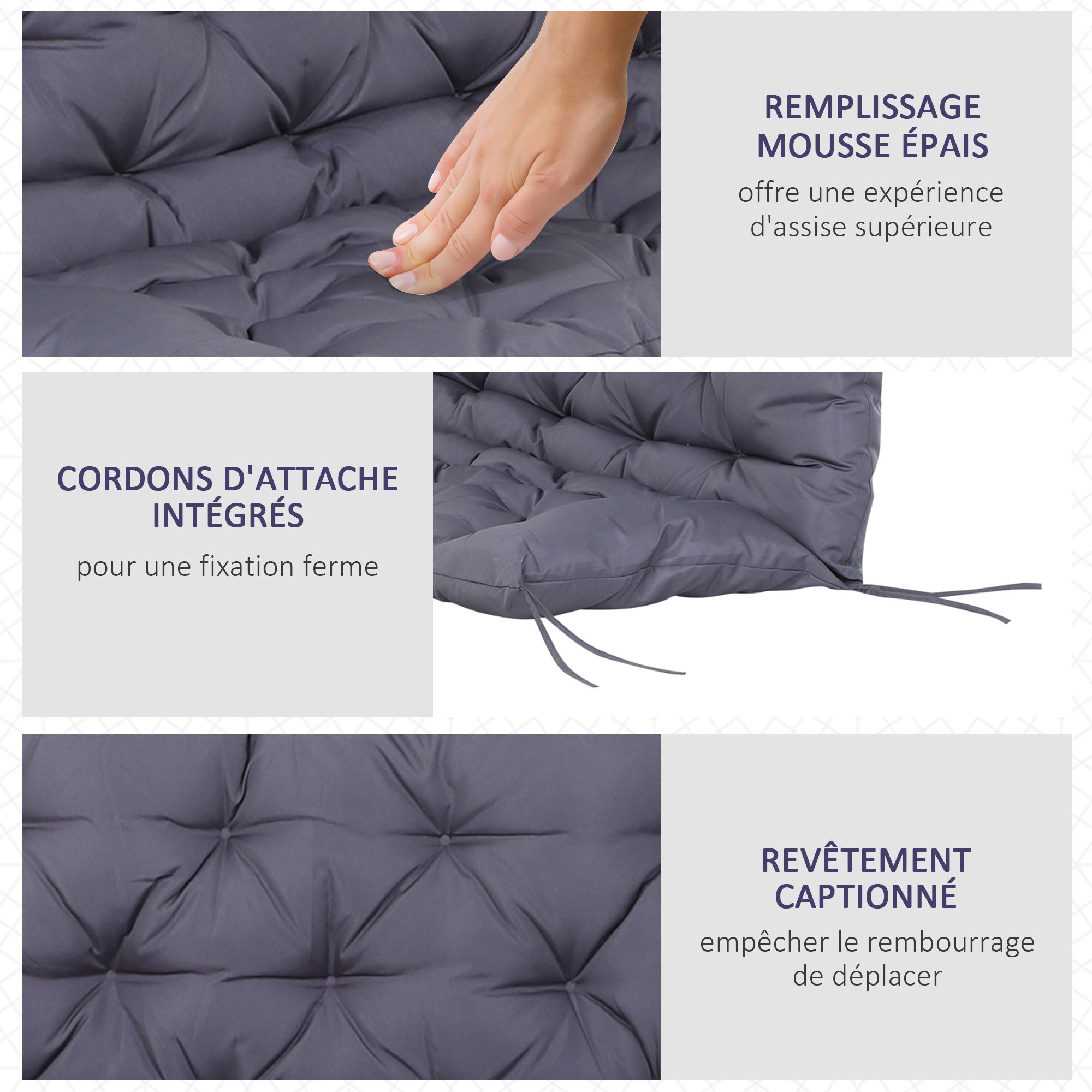 Coussin d'assise et dossier tissu 2 places gris Outsunny - 6