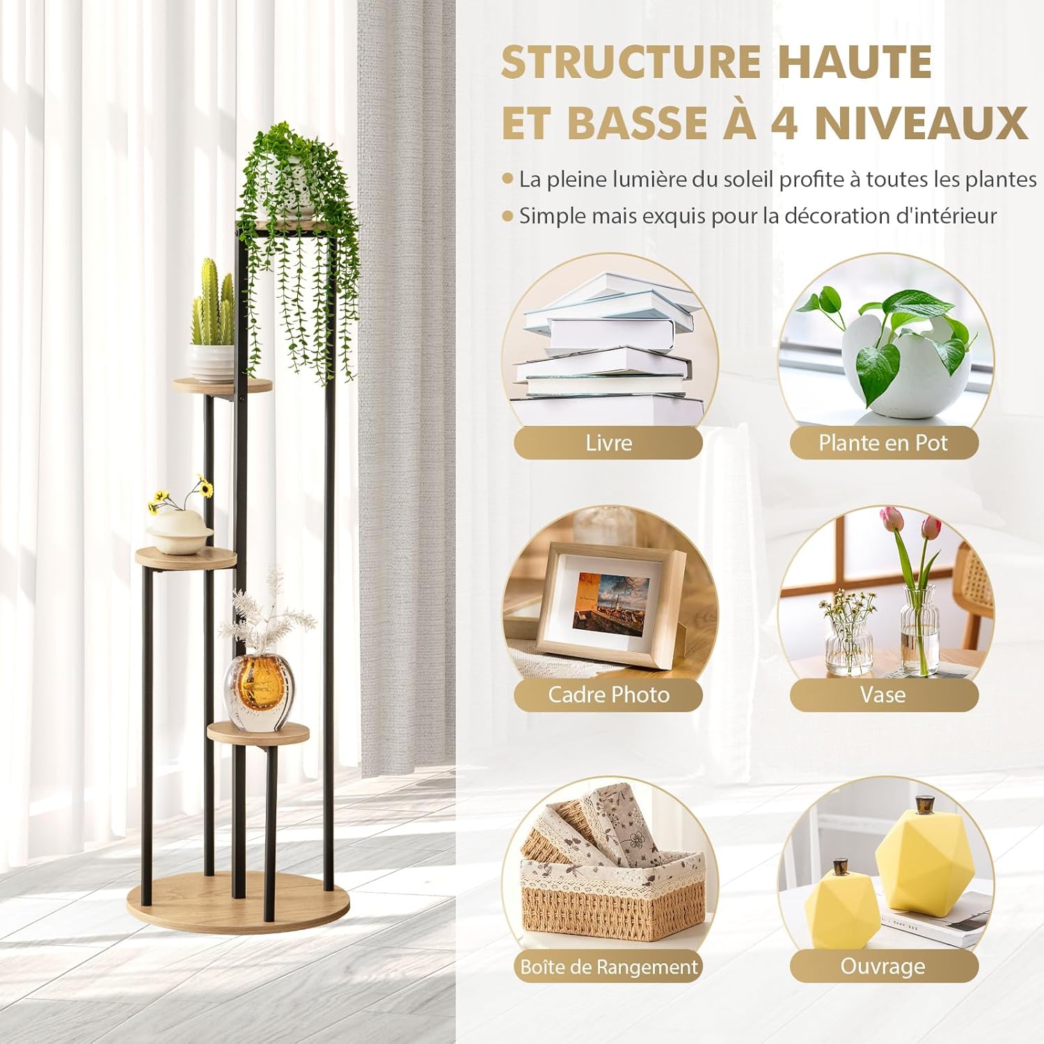 Support pour Plantes à 5 Niveaux, Étagère d'Angle pour Plusieurs Plantes avec Texture Marbre, Support de Pots de Fleurs et Présentoir (Naturel) - 3