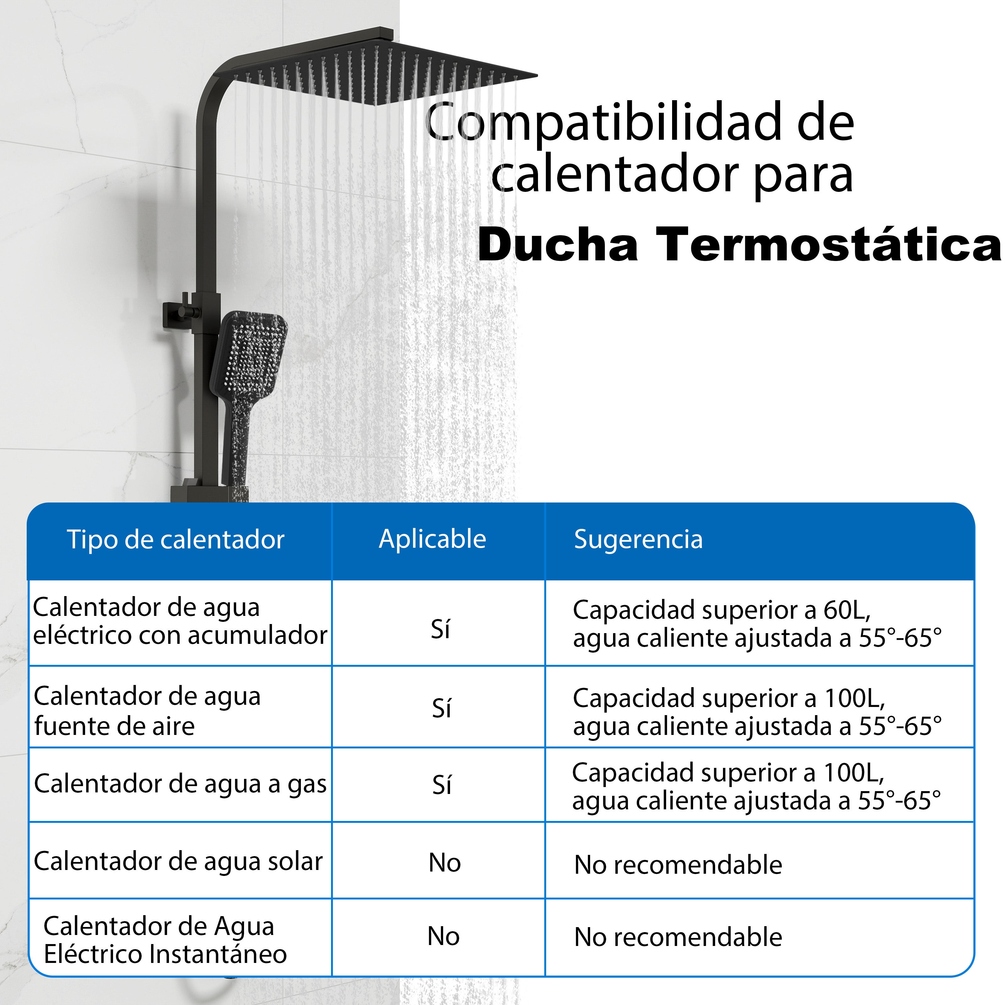 Aica Columna Ducha Termostática 38℃ Negro Mate Barra Ajustable, Alcachofa de Ducha 30x30cm (12