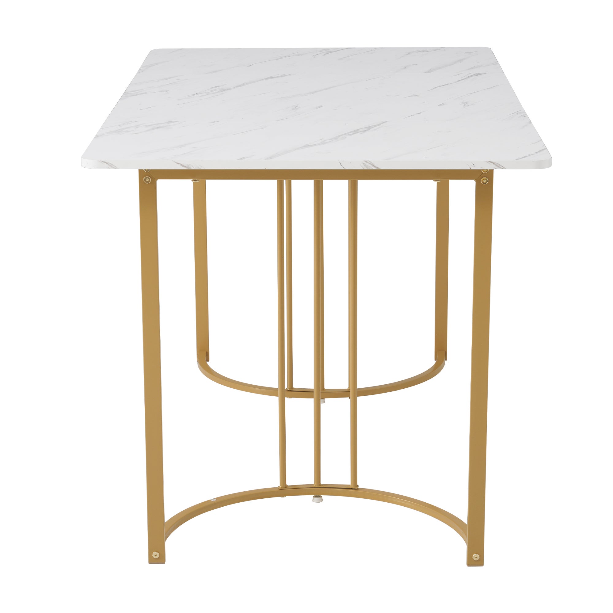 Ensemble table à manger + 4 chaises en velours -140 x 80 x 75 cm - MDF et pièds en métal doré - Blanc + beige - 7