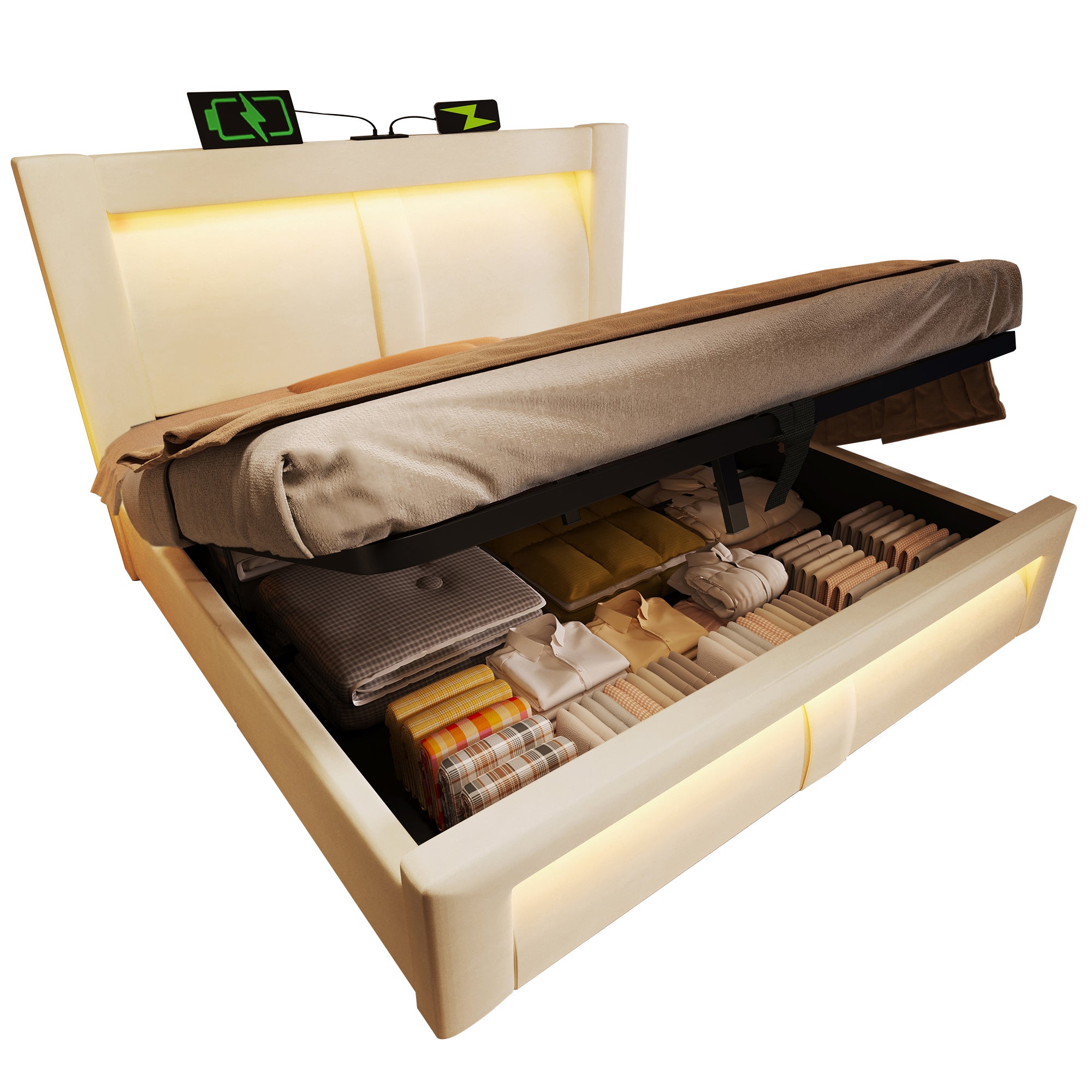 Łóżko z pojemnikiem 180 x 200 cm i zagłówkiem – aksamitne – porty USB i typu C + diody LED – dla dzieci – beżowe - 6