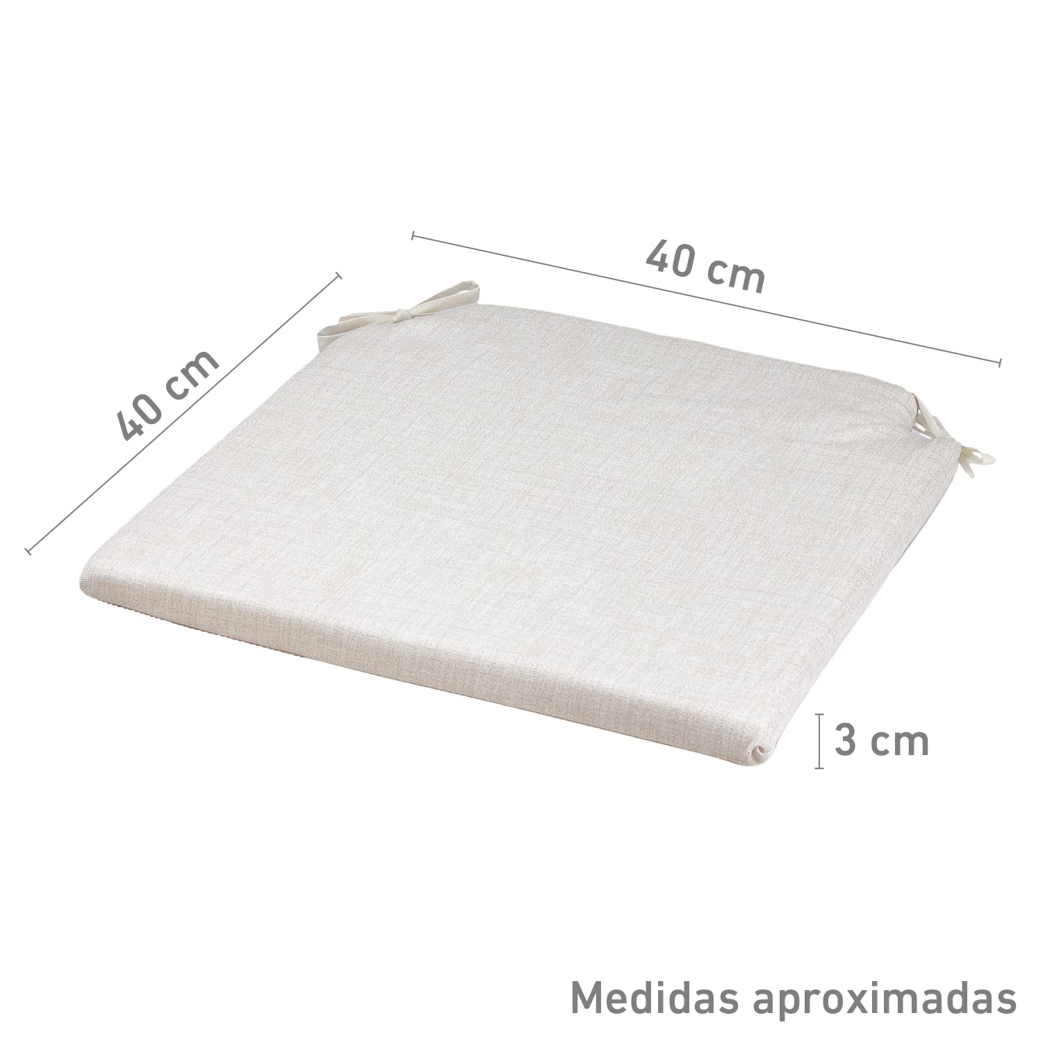 TIENDA EURASIA® Pack 4 Cojines para Sillas, 2 Cintas de Sujeción, Interiores y Exteriores, 40x40x3 cm, Crudo - 2