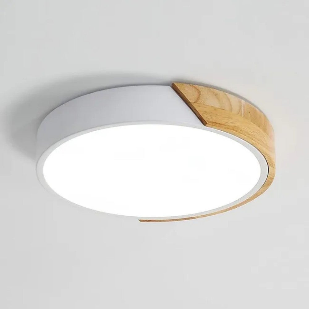 Okrągły plafon LED w stylu nordyckim, 30 cm - 24W, naturalne drewno i biały metal, nowoczesny i elegancki design do salonu, sypialni lub biura