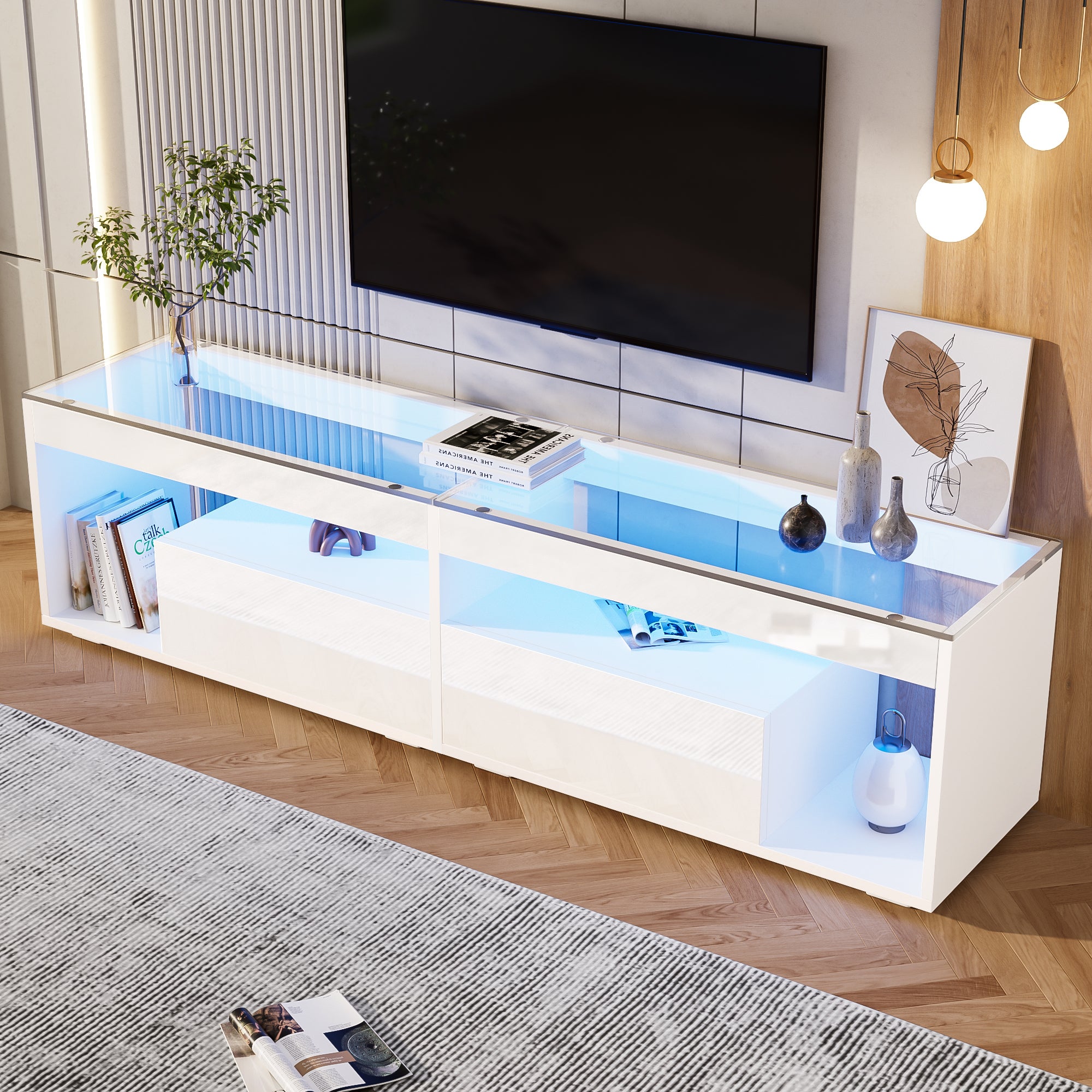 Nowoczesna szafka RTV z 2 szufladami i otwartymi przegródkami - 180 x 40 x 46 cm - Płyta wiórowa i szkło hartowane - Diody LED - Biała