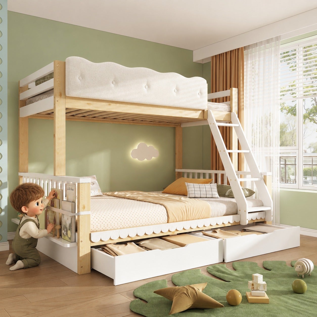 Lit superposé 3 places 140/90x200cm avec 2 tiroirs,Forme de nuage avec porte-revues et garde-corps , lit familial en bois avec sommiers - Blanc+Chêne - 2
