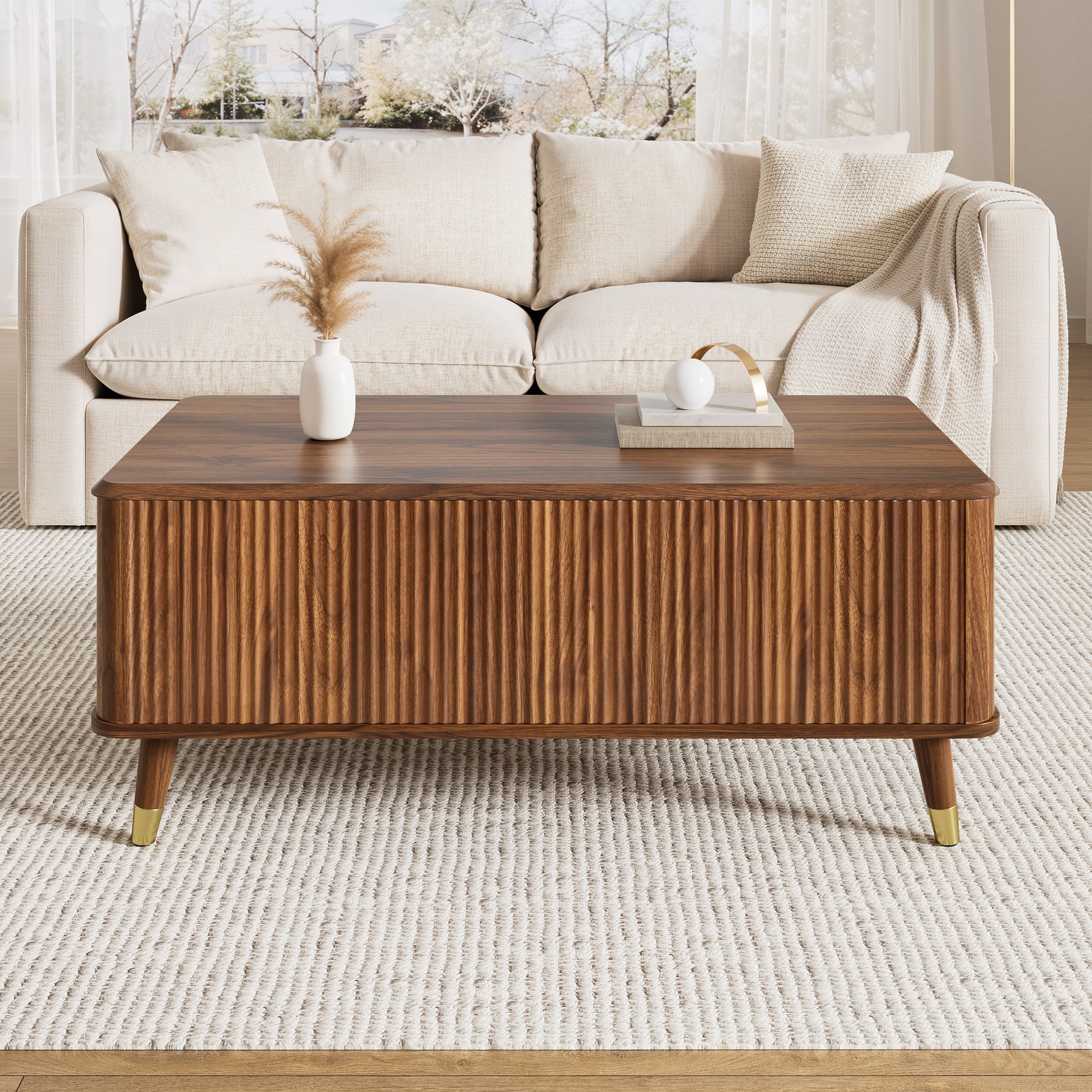 Table basse avec plateau relevable - 97 x 52 x 56,5 cm - MDF et bois massif - Noyer - Design rétro moderne à motif ondulé - 9