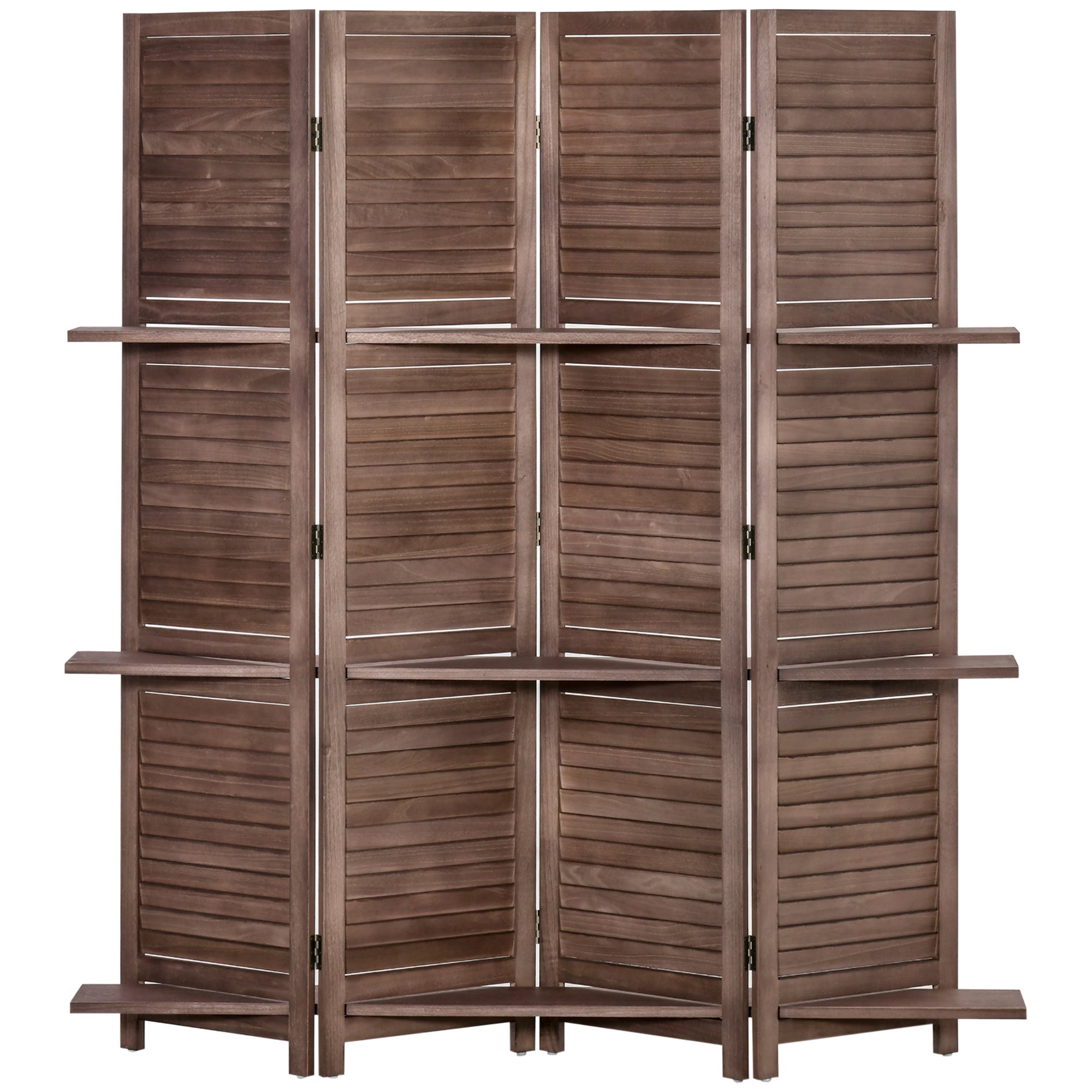 Paravent intérieur 4 Panneaux 162Lx170Hcm 3 étagères Pliables séparateur de pièce Portes persiennes Bois de Paulownia Noyer - 2