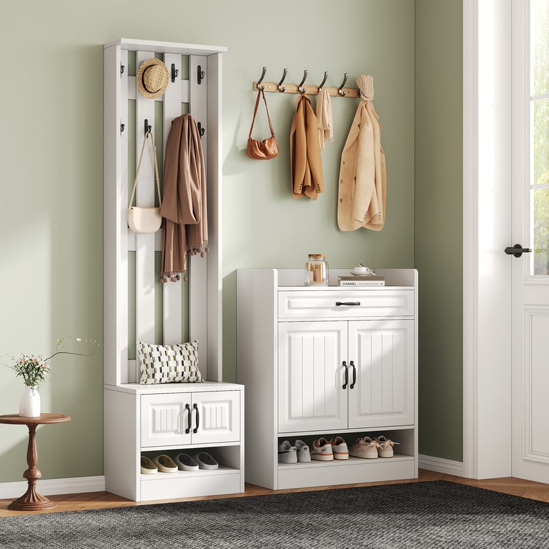 Zestaw mebli do przedpokoju - 1 wieszak na ubrania i 1 półka na buty - z 8 wieszakami - biały