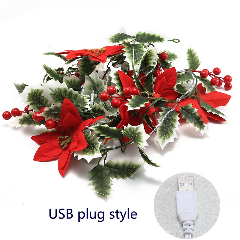 Lot De 2 Guirlandes De Noël Lumineuses 2.7m Avec LED Et Décorations Fleurs Rouges - À Piles - Pour Cheminée, Porte, Mur