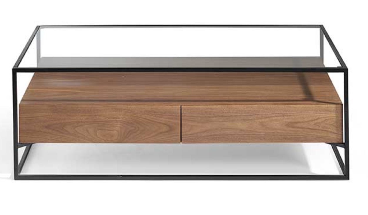 Table basse 2 tiroirs bois de noyer et pieds métal noir Baliko 120cm ...
