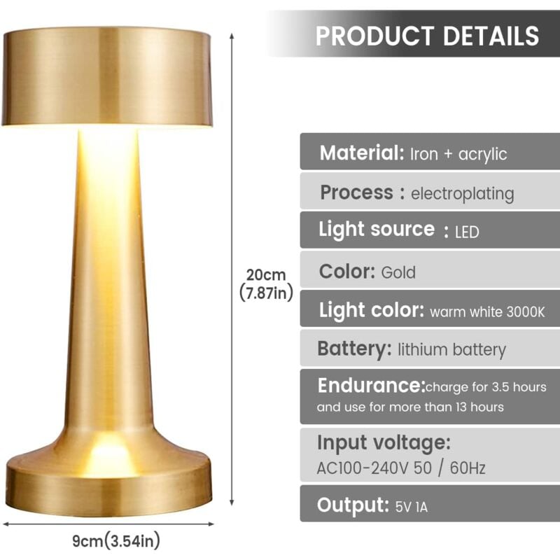 Lampe De Chevet Tactile Crystal Dimmable Table Lampe Sans Fil Nuit Décor Usb Rechargeable Mood Light Pour Salon Chambre Restaurant Bar Hôtel
