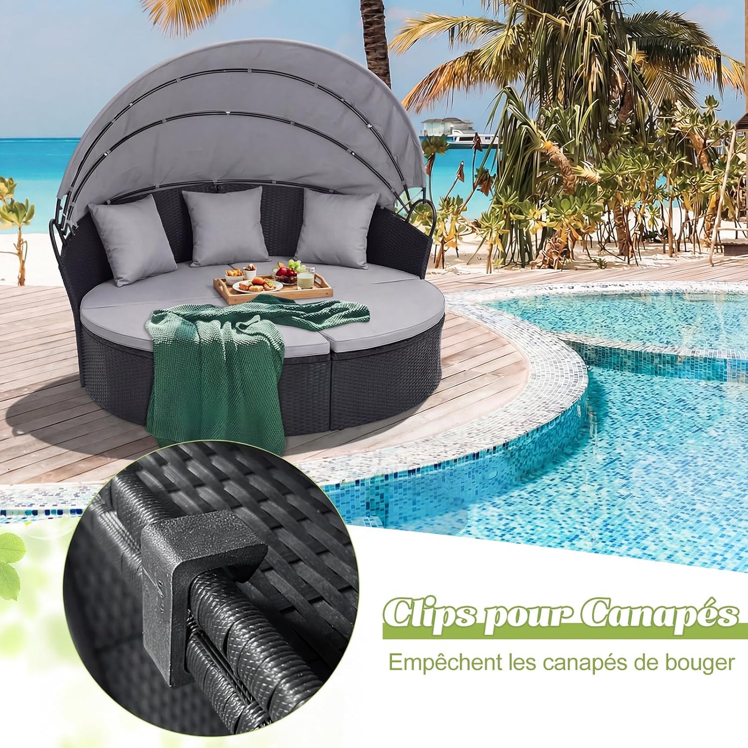 GIANTEX Lit de Jardin Rond en Rotin PE avec Auvent Rétractable, avec Coussins et Oreillers Amovibles Charge 360KG,pour Jardin Porche,Gris - 6