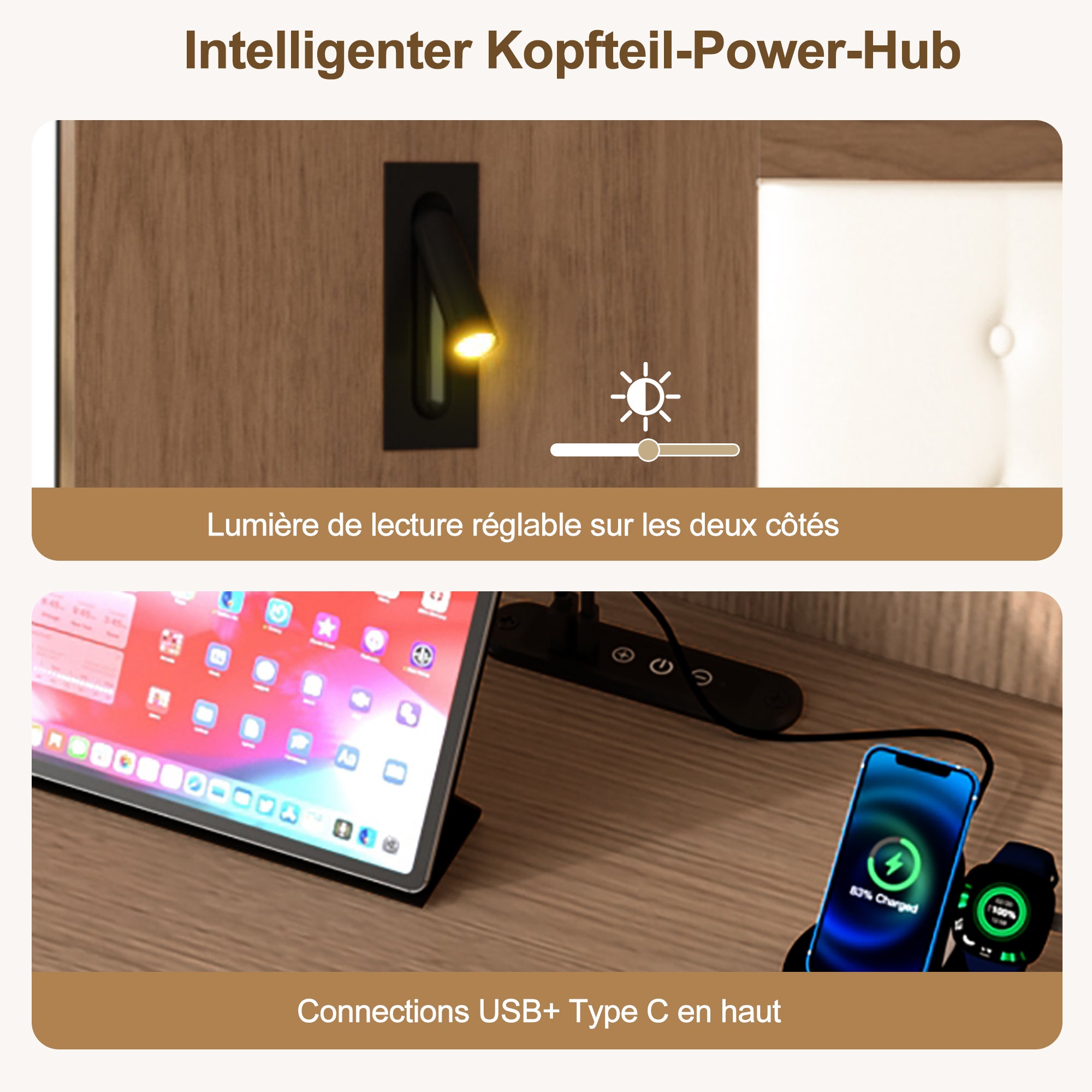 Lit double 180x200 cm avec 2 tables de nuit et tête de lit rembourrée, Lit adulte en bois avec Port USB et USB-C, lampe lecture et 3 étagère, Noyer - 7
