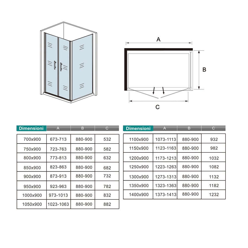 195 cm Box Doccia Angolare Porta Saloon 90 cm Parete Fissa 70 cm Vetro da 6 mm Temperato Anticalcare Barra Stabilizzatrice 45 cm Cromo Lucido - 6