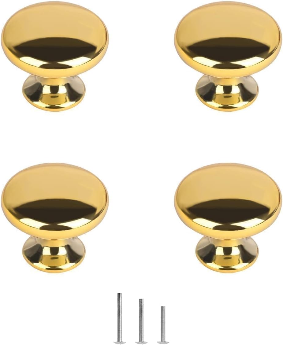 Zestaw 4 złotych, polerowanych chromowanych okuć meblowych, okrągłych, grzybkowych uchwytów do drzwi, 30 mm do komody, garderoby, szuflady, sypialni i