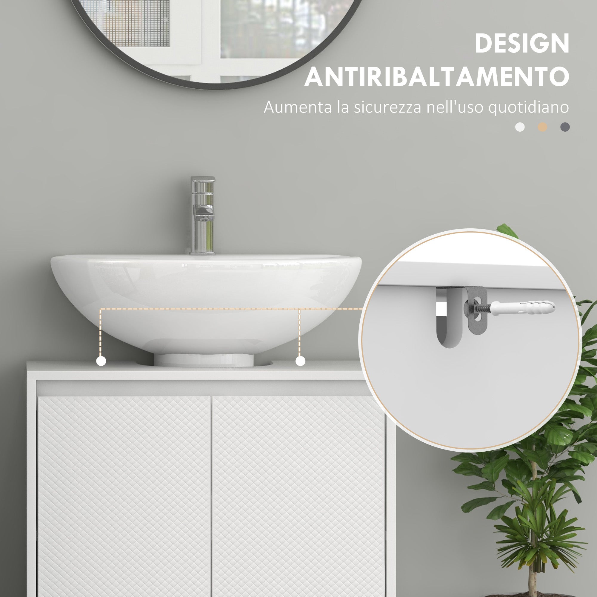 HOMCOM Mobile Sottolavabo Bagno con 2 Ante Decorate e Intaglio a U per Tubi, 60x30x60cm, Bianco - 6