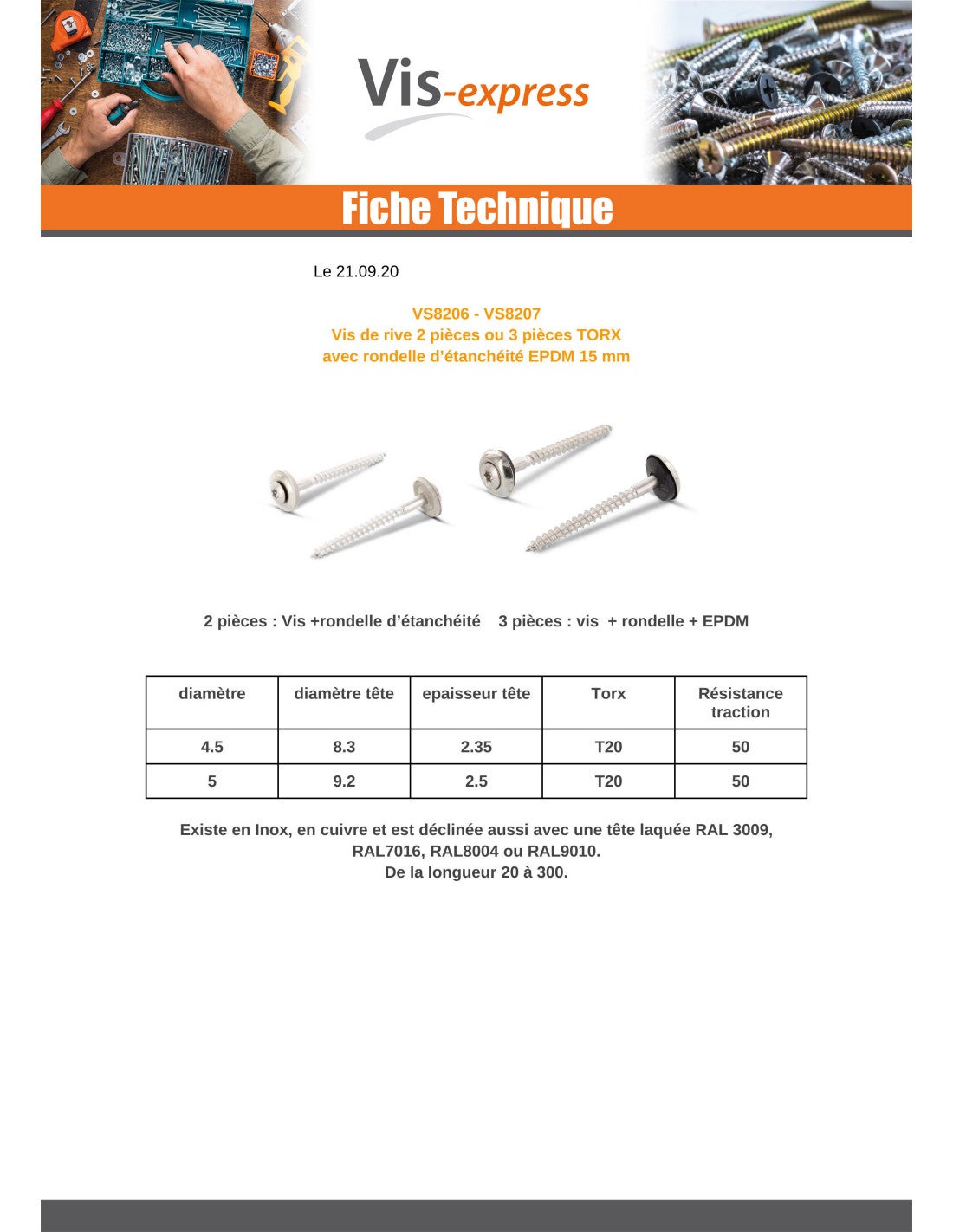 Vis faitage Tête fraisée bombée TFB TORX T20 Inox A2 RAL9010 blanc pur 4.5X60 Rondelle d'étanchéite EPDM-1 pièce - 4