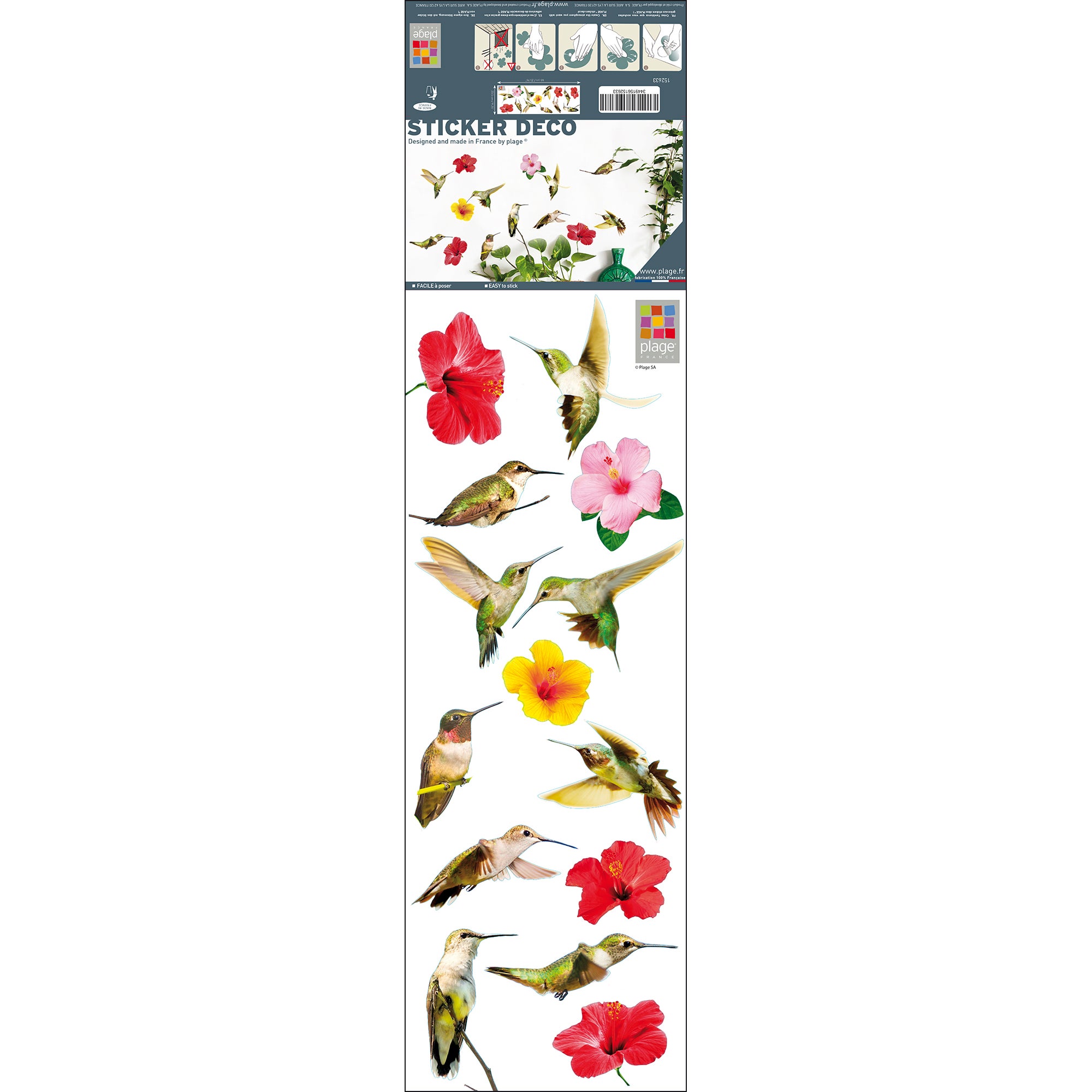 Stickers y vinilos decorativos, ilustración de colibríes alrededor de flores de bali en una mezcla de colores, 68 cm x 24 cm - 2