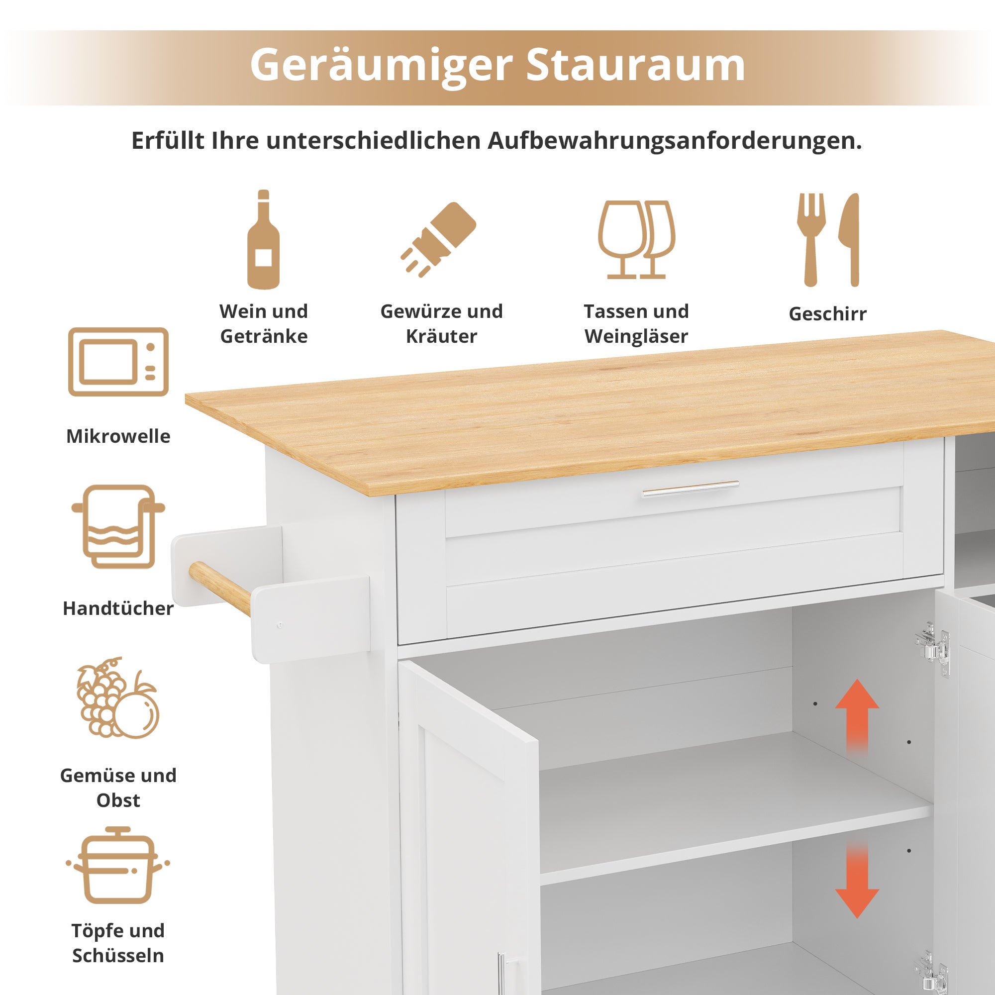 Ilot central de cuisine mobile avec 3 portes et 1 tiroir - Plateau extensible - 132.5x44(70)x90 cm - Bois MDF - Blanc et naturel - 8