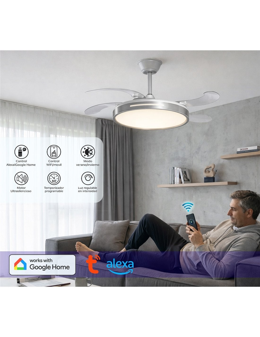 JARDIN202 - Ventilador de Techo con 4 Aspas Retráctiles, Motor DC, Wifi, Tuya App, Luz LED Regulable, 6 Velocidades | 50 cm (Conil Wifi Plata) - 3