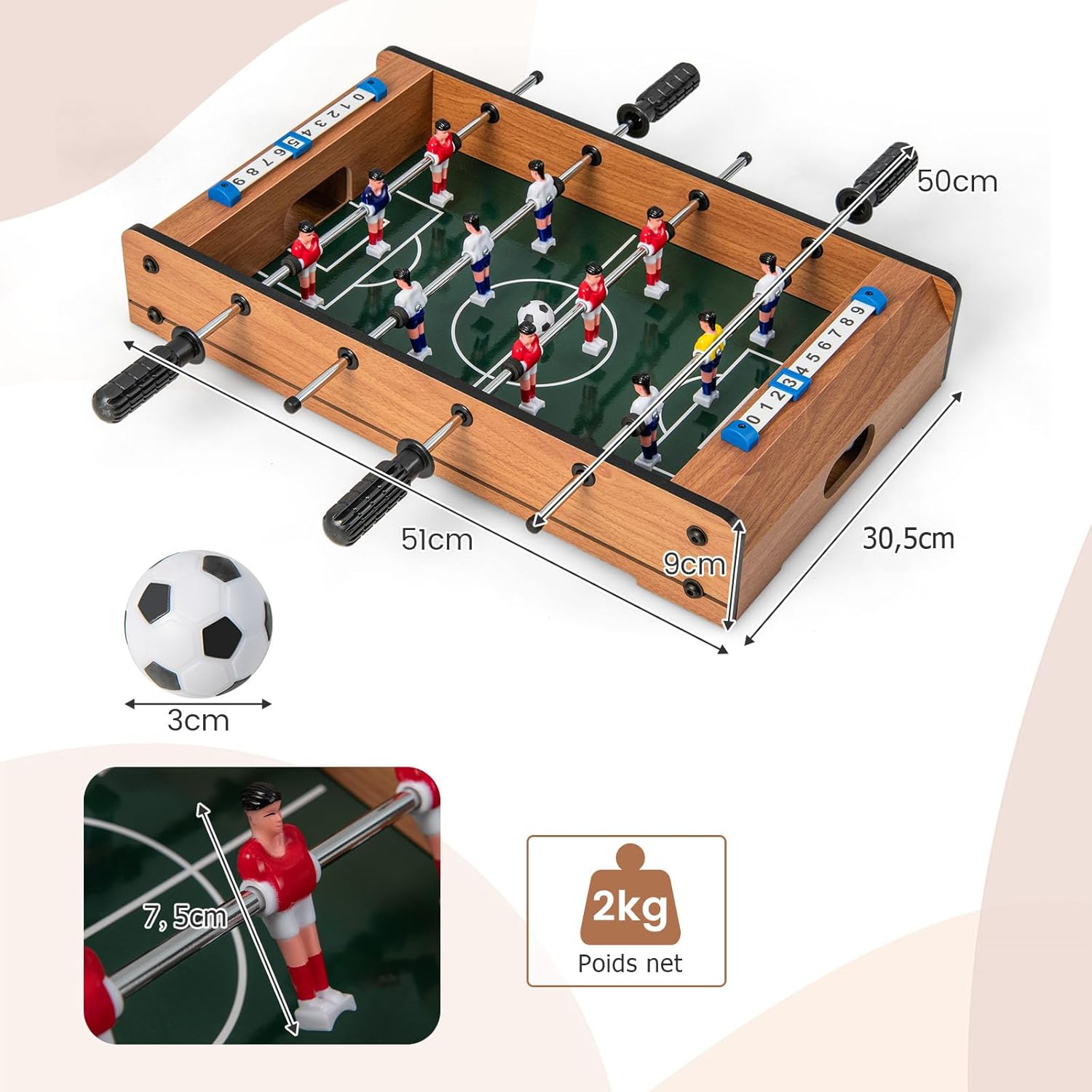 Baby-Foot de Table, Mini Table de Football en Bois de 51 cm avec 2 Balles et Compteur de Points pour Salle de Jeu, Bars, Fêtes, Soirées Familiales - 7