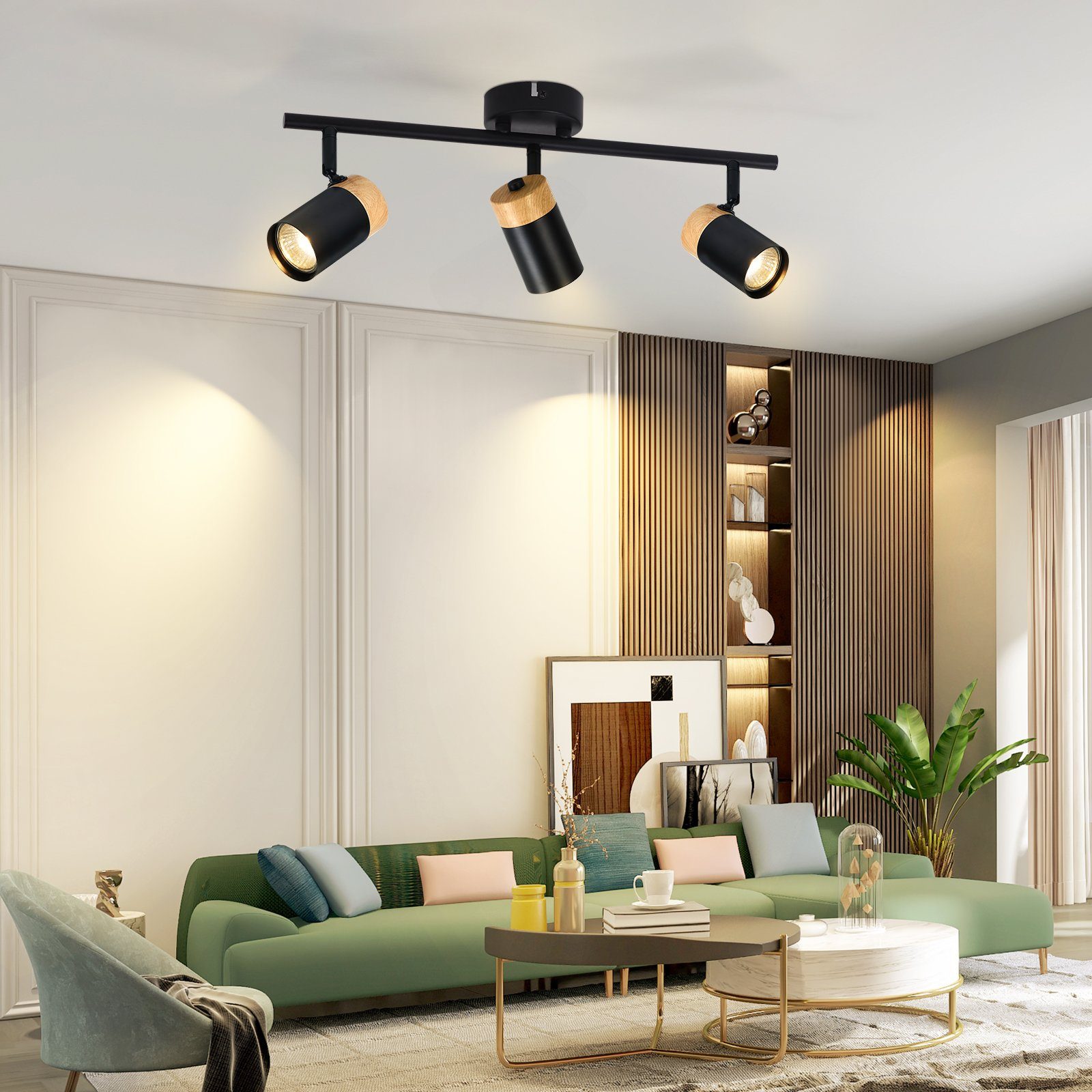 NETTLIFE Plafonnier 3 spots bois GU10 noir orientable 330° pour salon chambre cuisine chambre d'enfant sans ampoule - 7