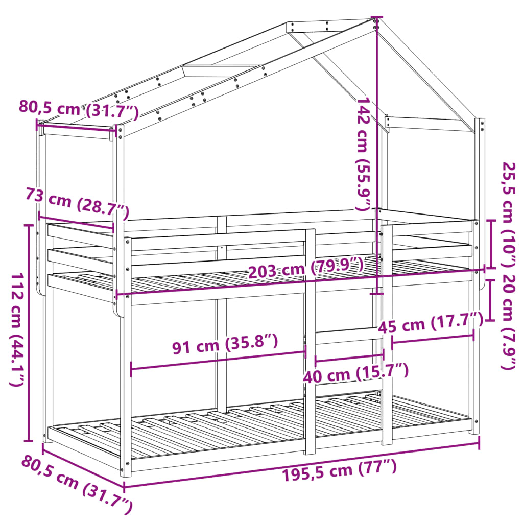 Lit superposé avec toit blanc 75x190 cm bois massif de pin - 9