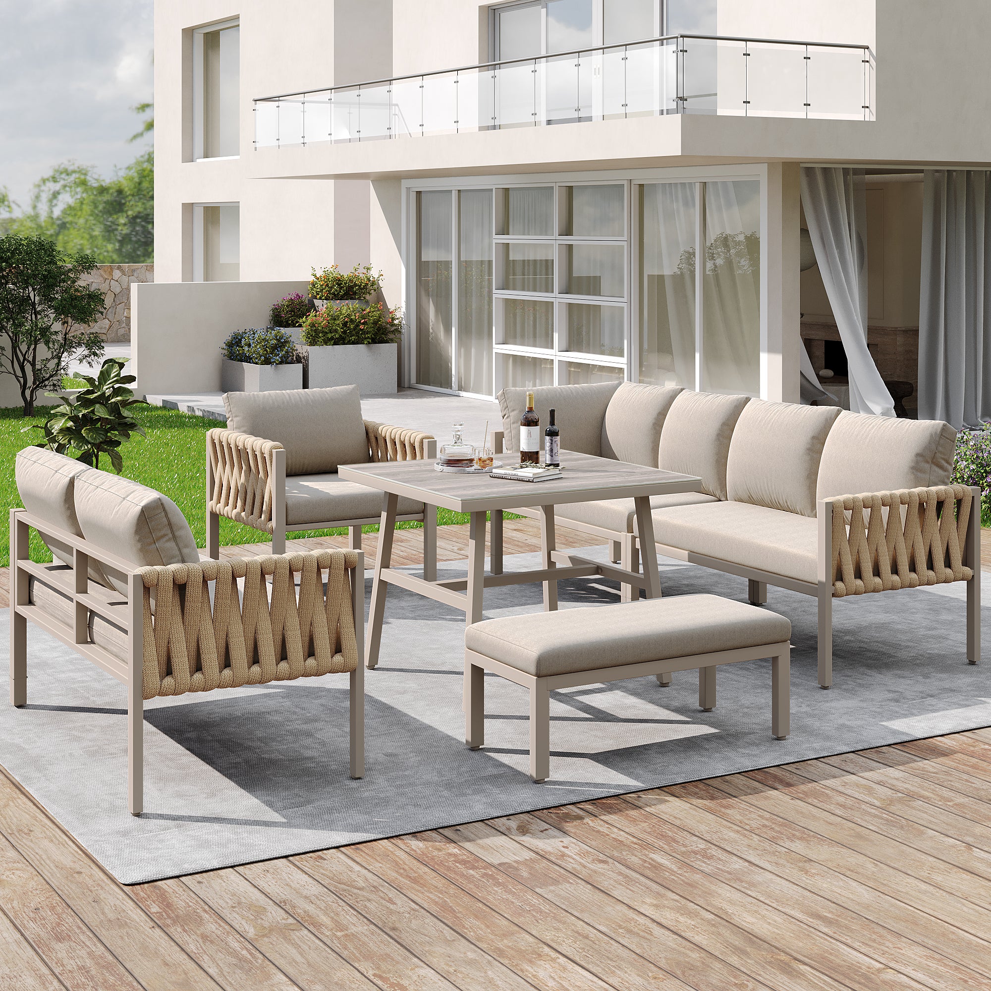 Conjunto de mobiliario de jardín de hierro forjado para 8 personas, pies de mesa regulables, con cojines de asiento y respaldo, beige - 3