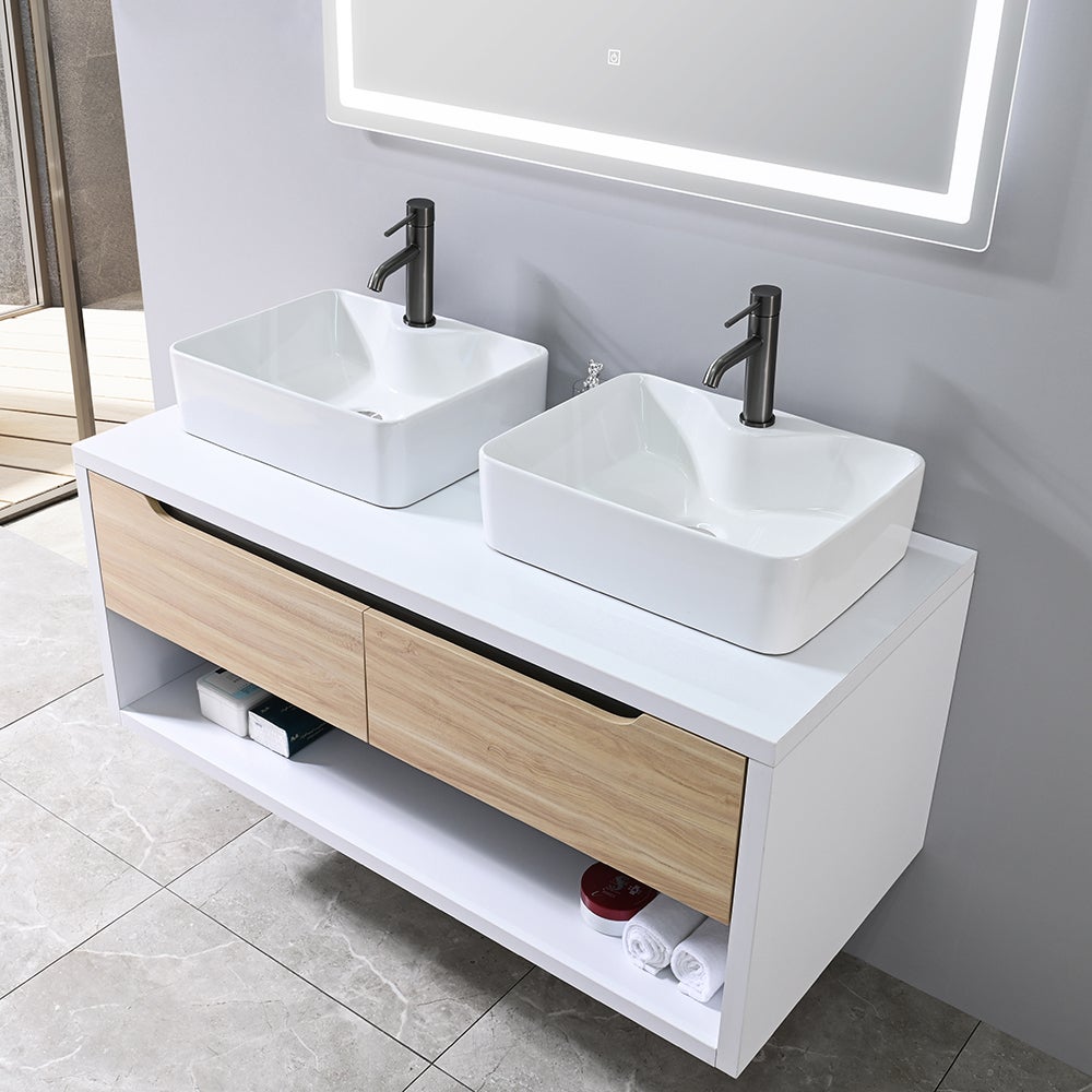 LuxuryBain- Meuble de salle de bain double vasque 120cm bois et blanc avec miroir LED LB-8153-120 - 4