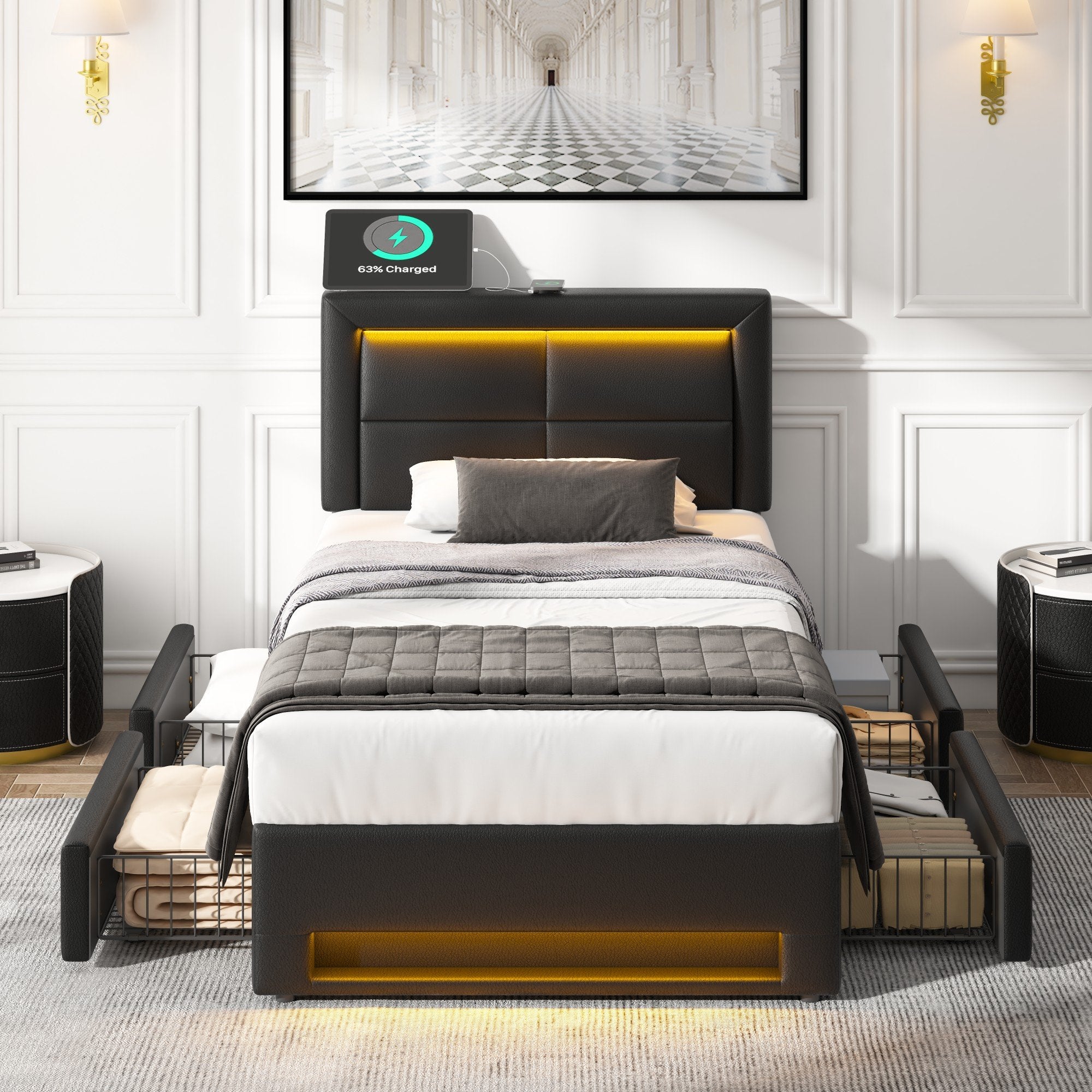 Łóżko tapicerowane 90 x 200 cm z portami USB, oświetleniem LED i czterema szufladami, czarne