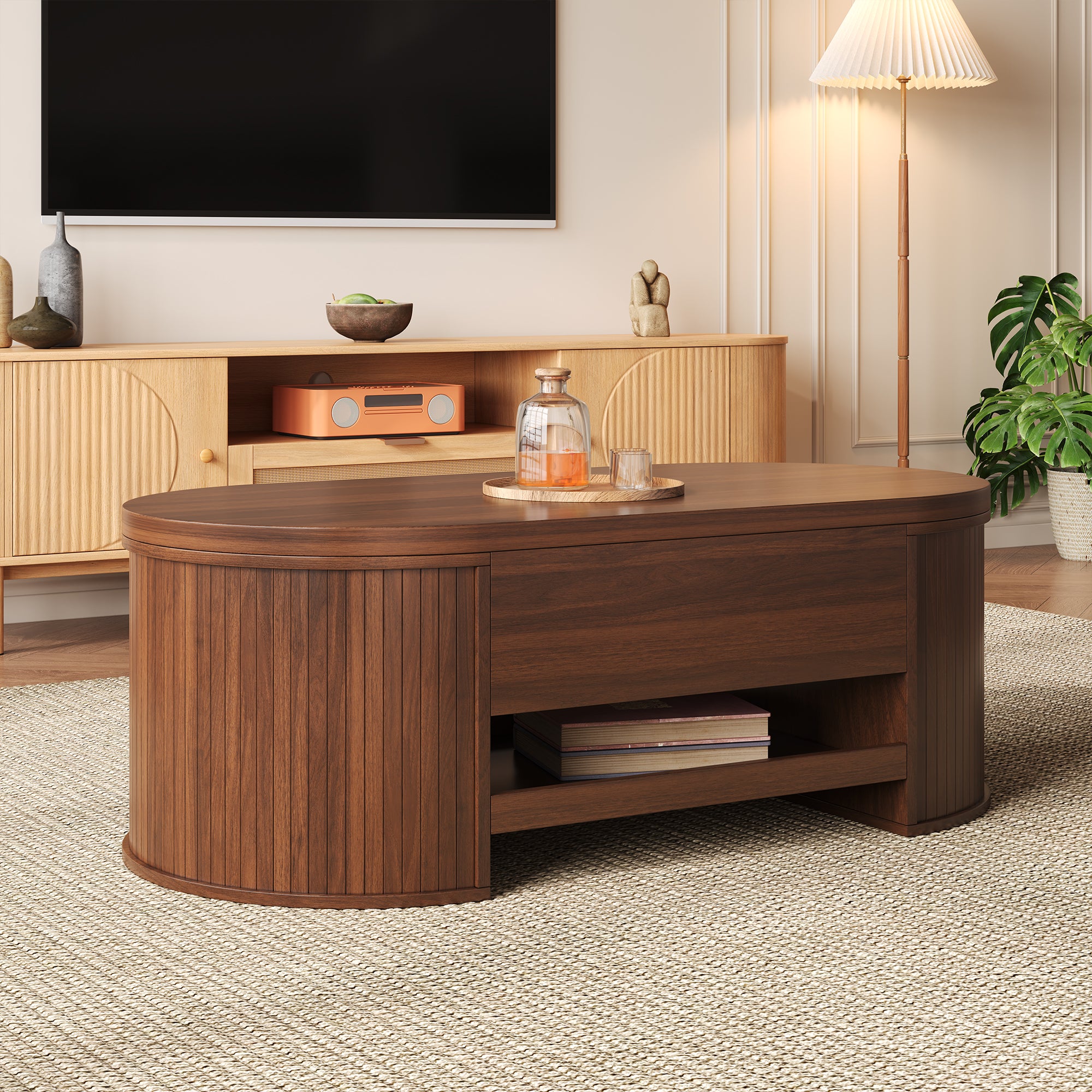 Table basse relevable 110x55.5x40 cm - côtés incurvés - 1 tiroir - MDF - Marron - 4