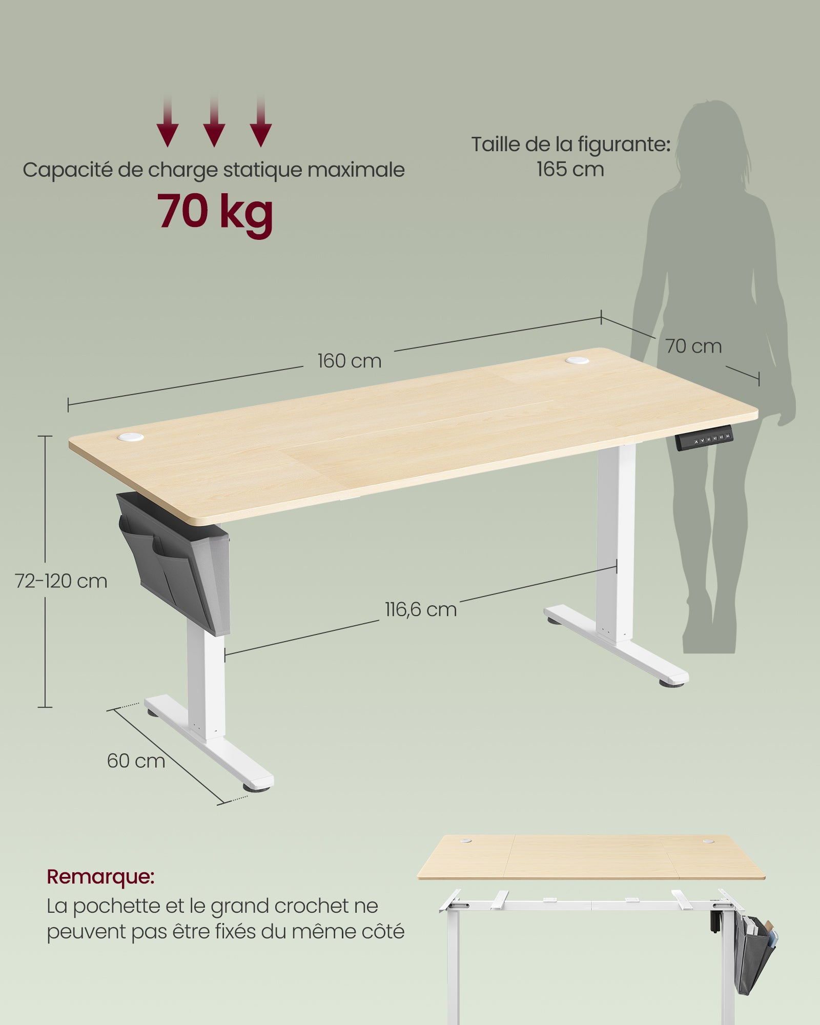 Bureau Électrique Réglable en Hauteur, 160 x 70 cm, Table Assis-debout, Fonction Mémoire 4 Hauteurs, pour Bureau, Télétravail, Doré Chêne - 3